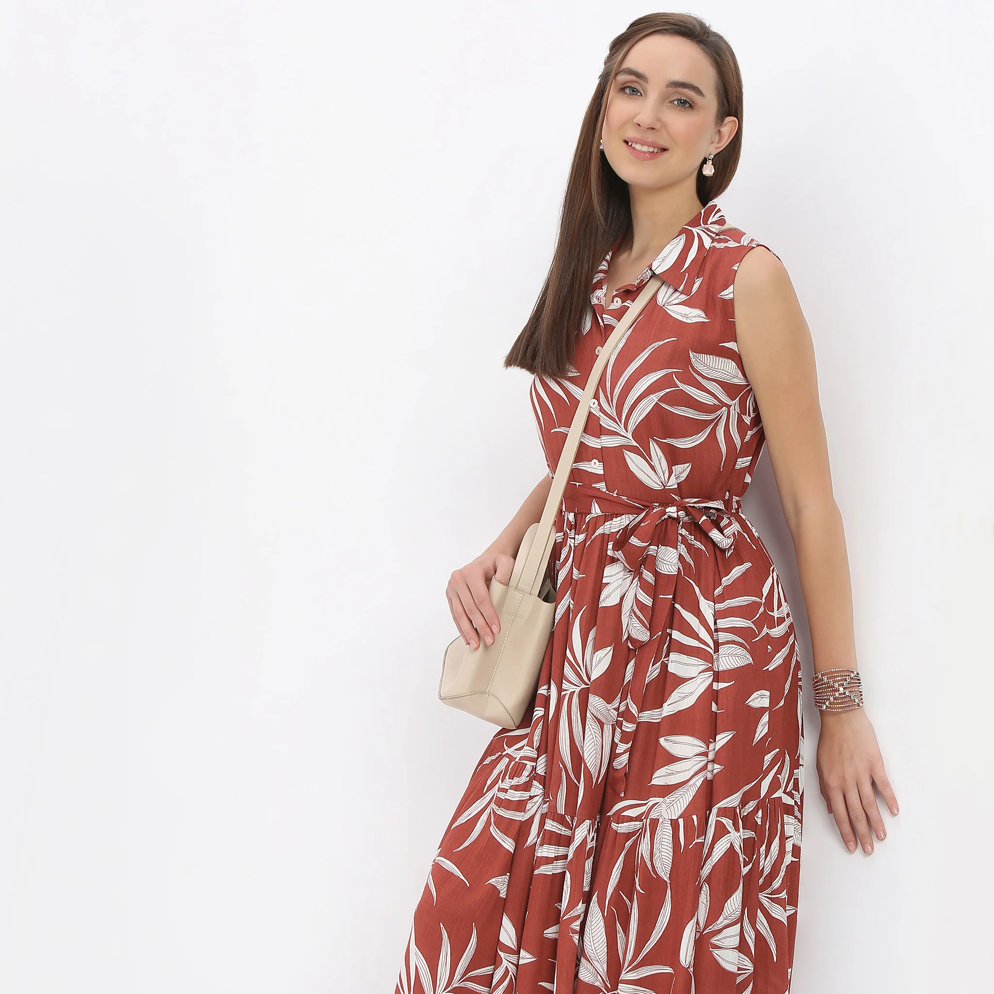 Flare Fit Floral Print Calf Length Shirt Collar Sleeveless Dress