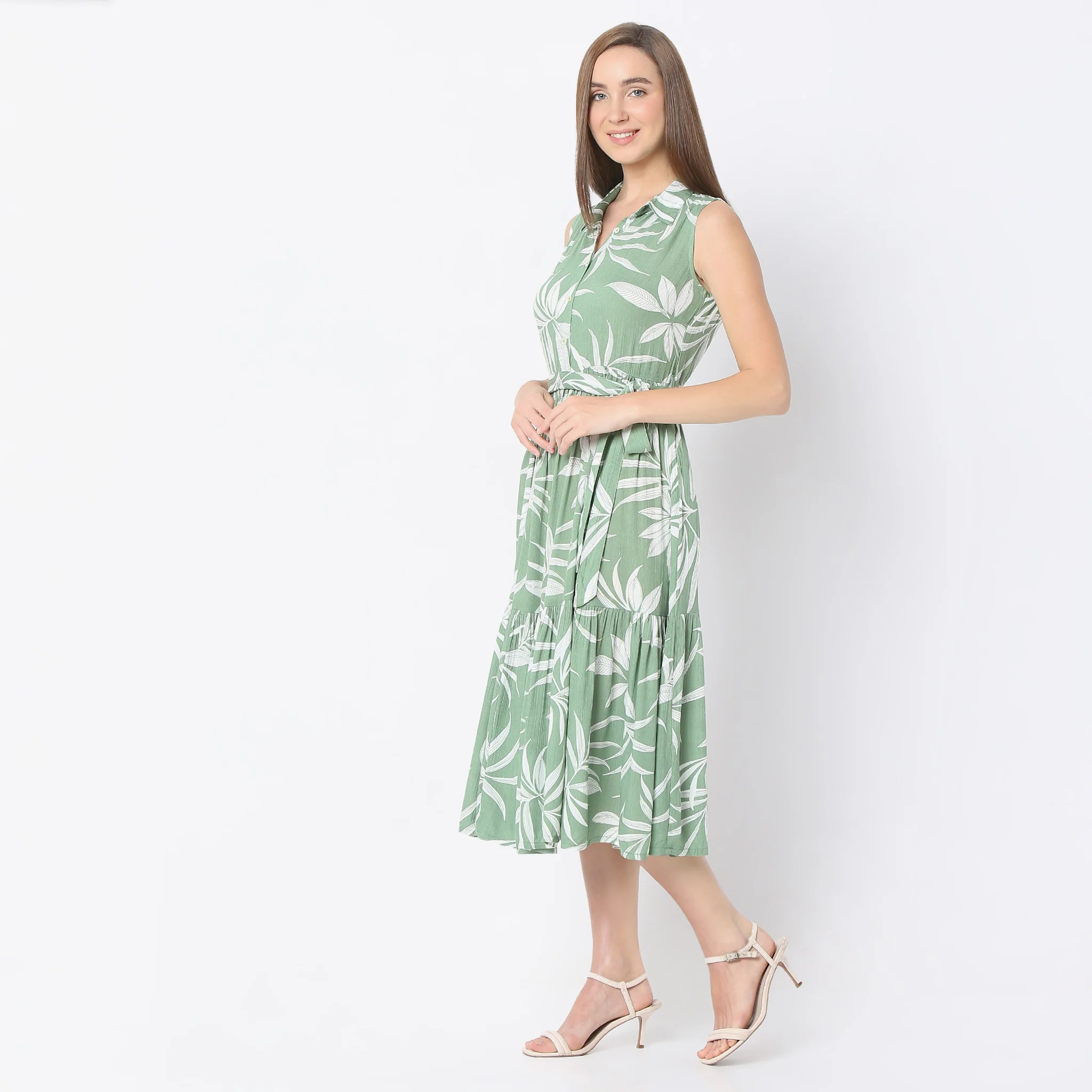 Flare Fit Floral Print Calf Length Shirt Collar Sleeveless Dress - Image 10