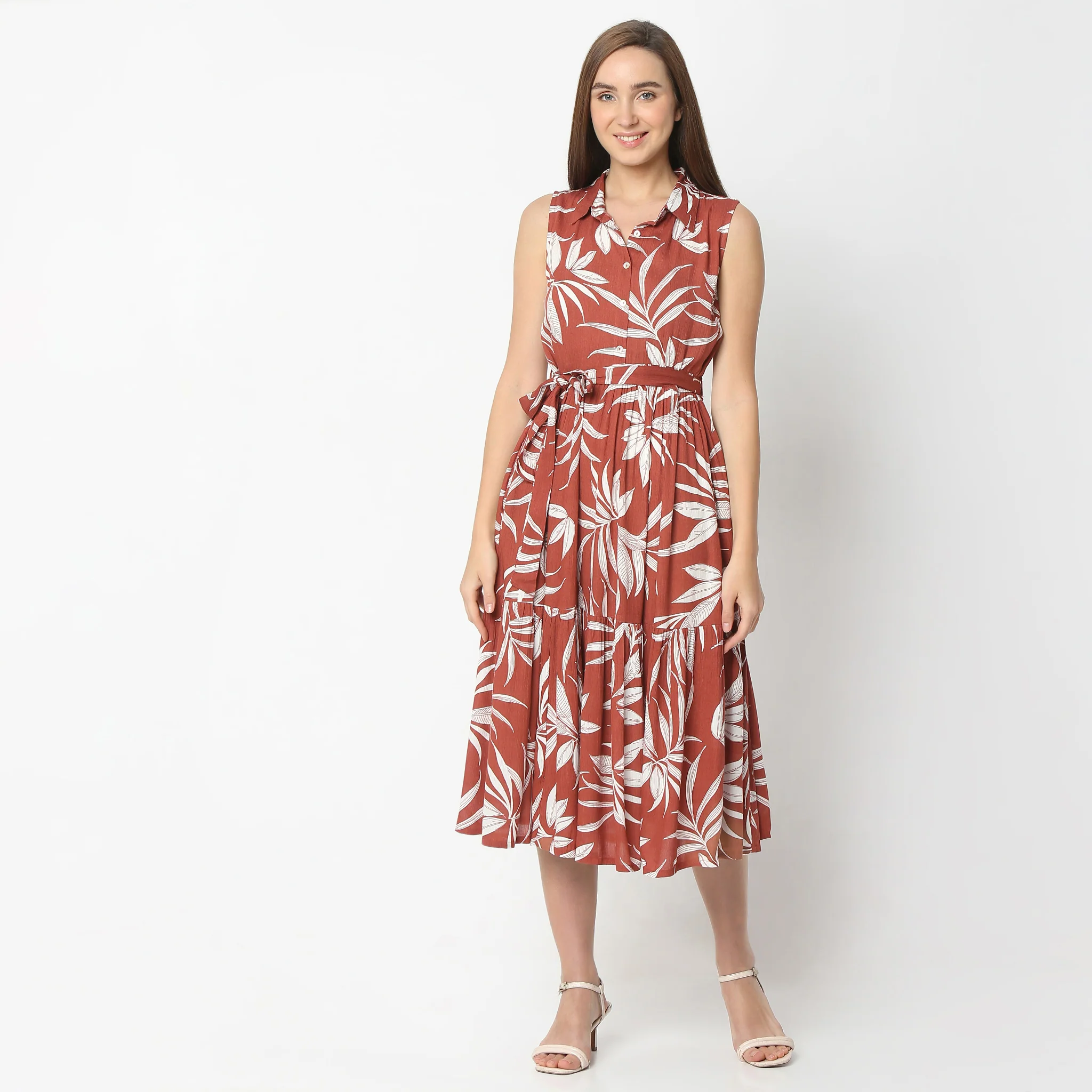 Flare Fit Floral Print Calf Length Shirt Collar Sleeveless Dress - Image 2