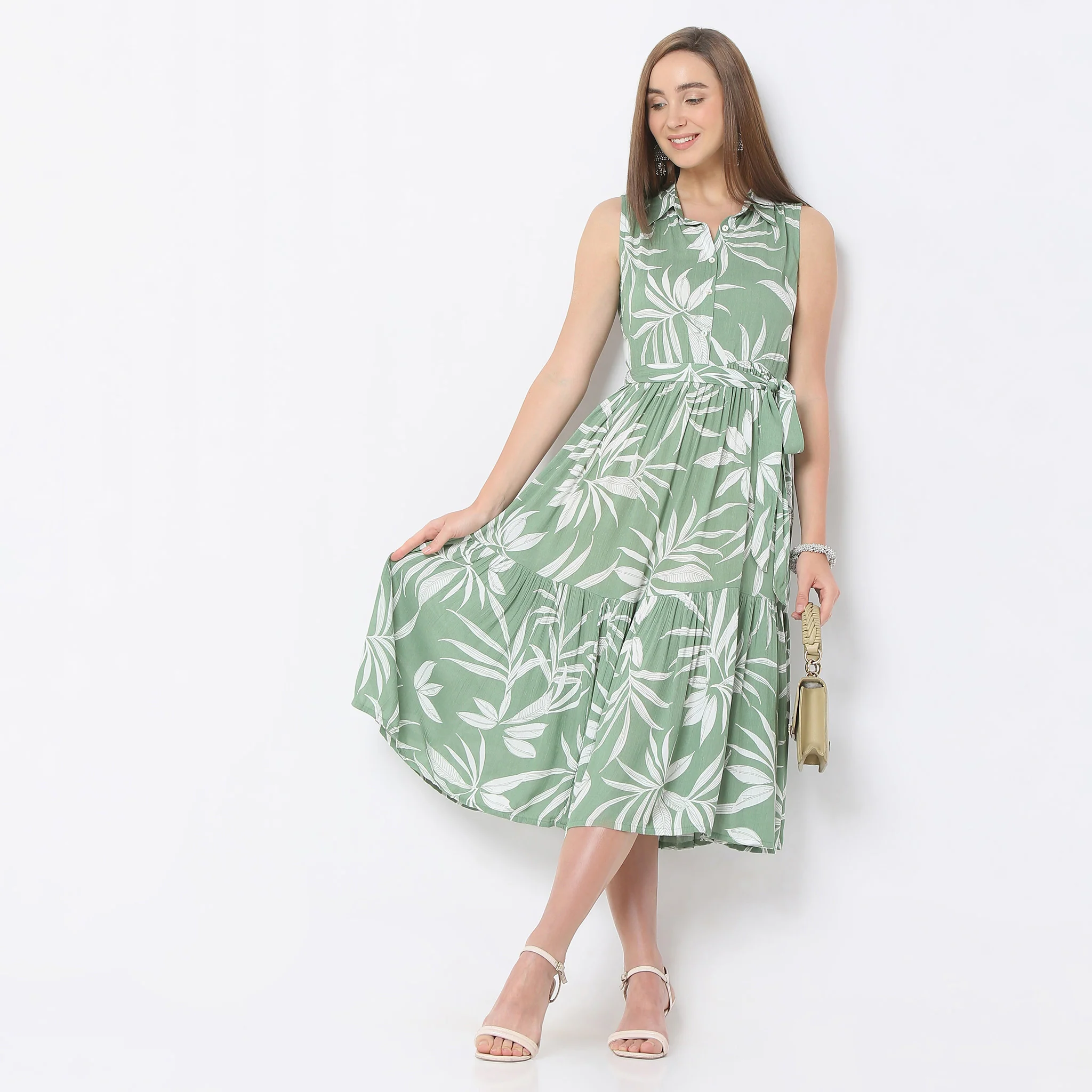 Flare Fit Floral Print Calf Length Shirt Collar Sleeveless Dress - Image 6