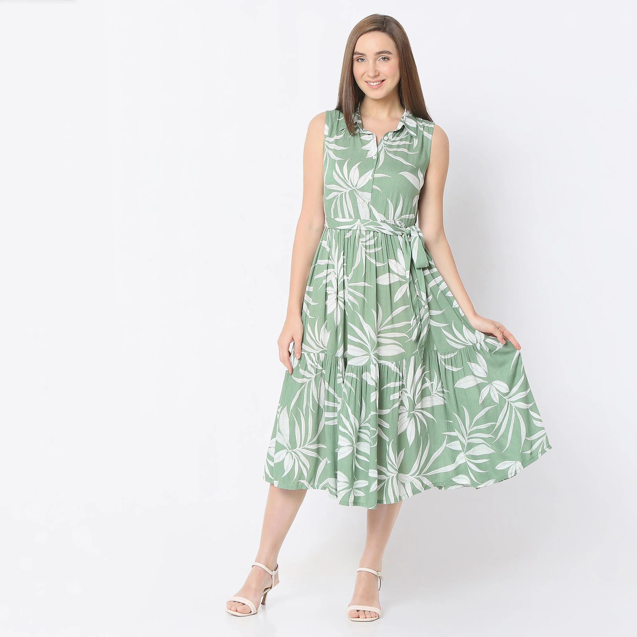 Flare Fit Floral Print Calf Length Shirt Collar Sleeveless Dress - Image 7