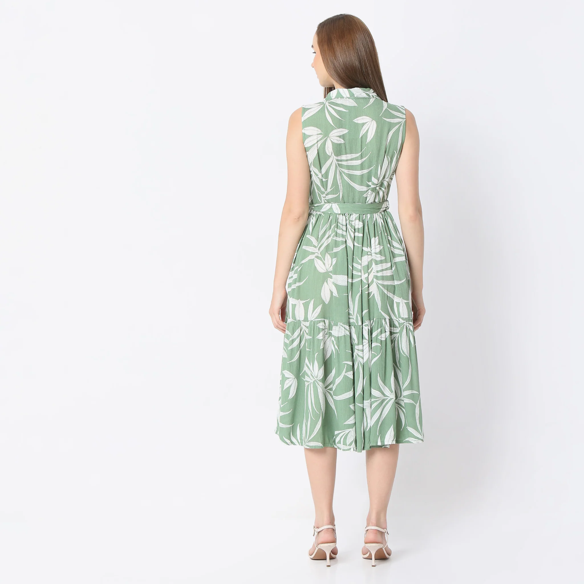 Flare Fit Floral Print Calf Length Shirt Collar Sleeveless Dress - Image 8