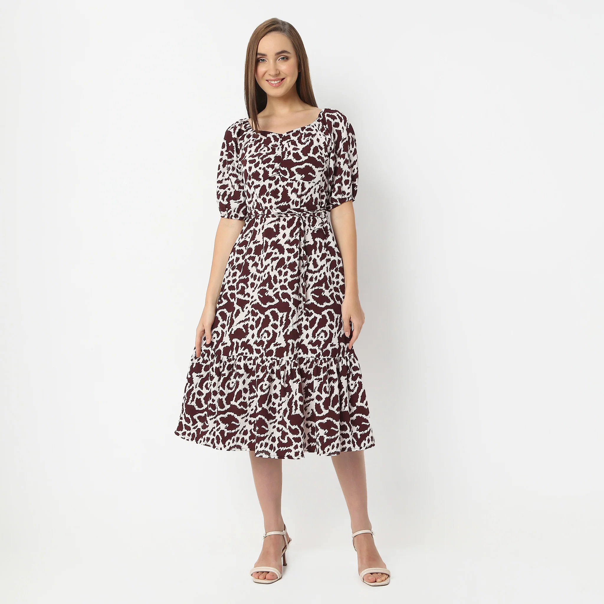Flare Fit Floral Calf Length Square Neck Short Sleeve Dress - Image 2