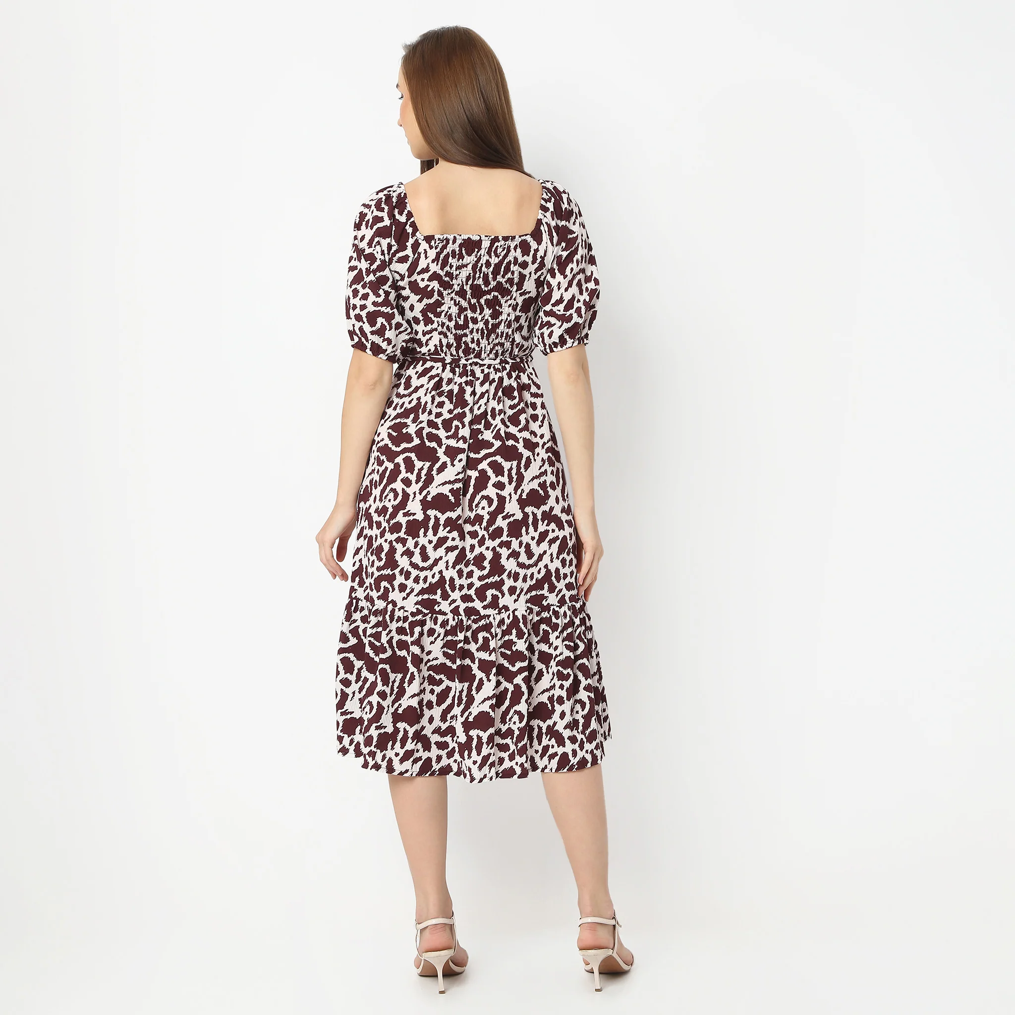 Flare Fit Floral Calf Length Square Neck Short Sleeve Dress - Image 3