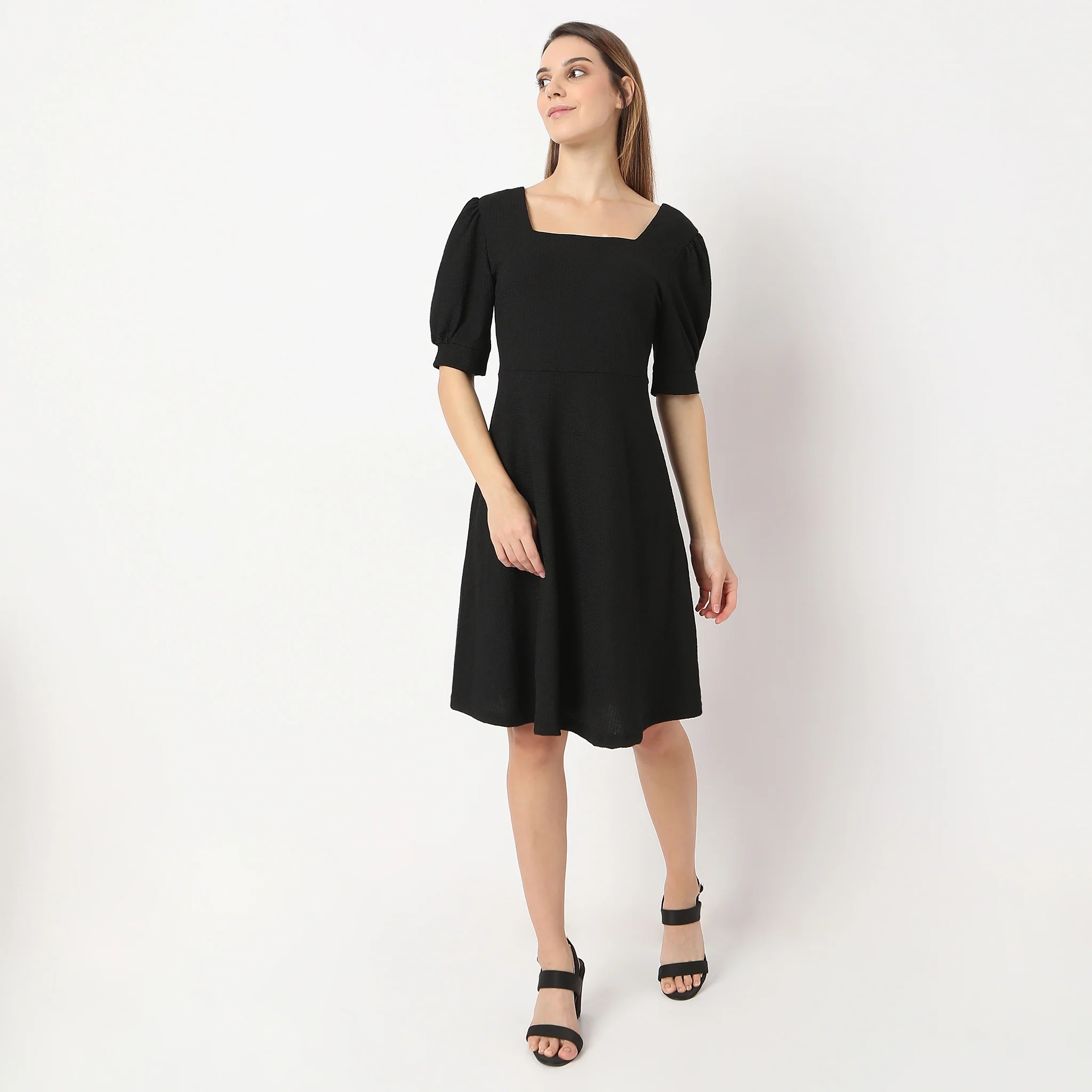 Flare Fit Knee Length Square Neck Short Sleeve Dress - Image 2