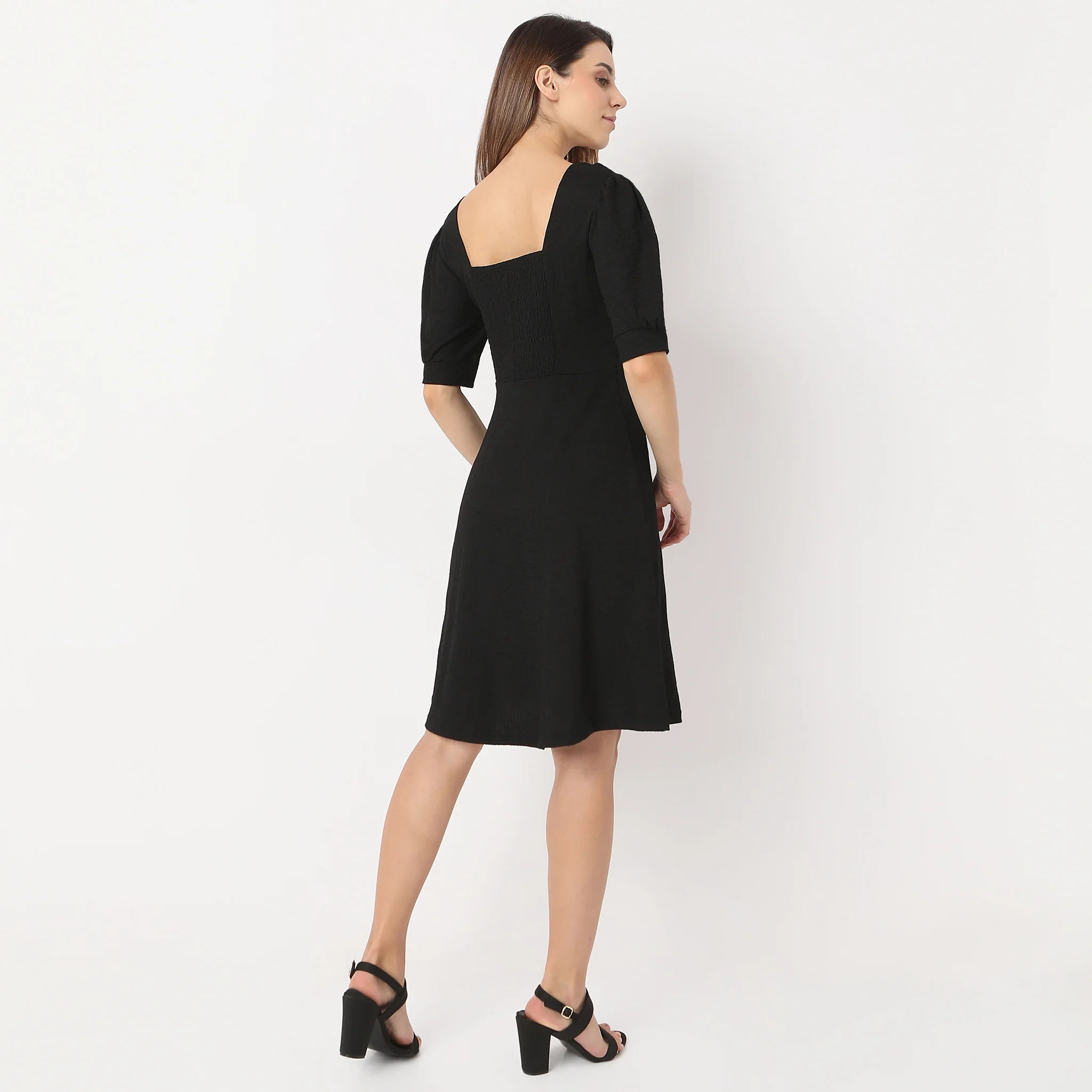 Flare Fit Knee Length Square Neck Short Sleeve Dress - Image 3
