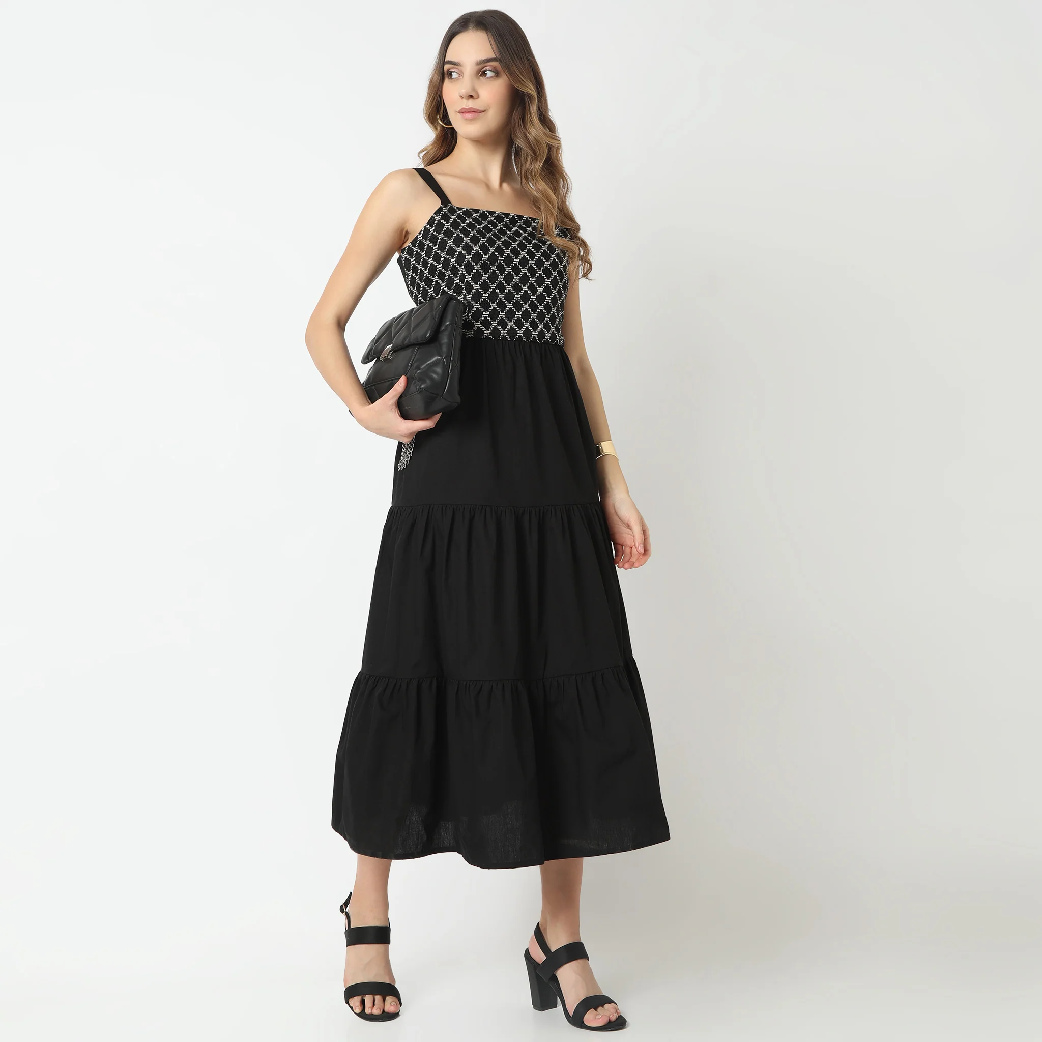 Flare Fit Square Neck Below Knee Tier Dress