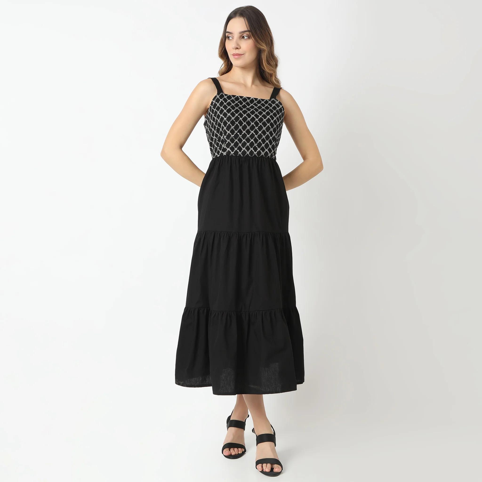 Flare Fit Square Neck Below Knee Tier Dress - Image 2