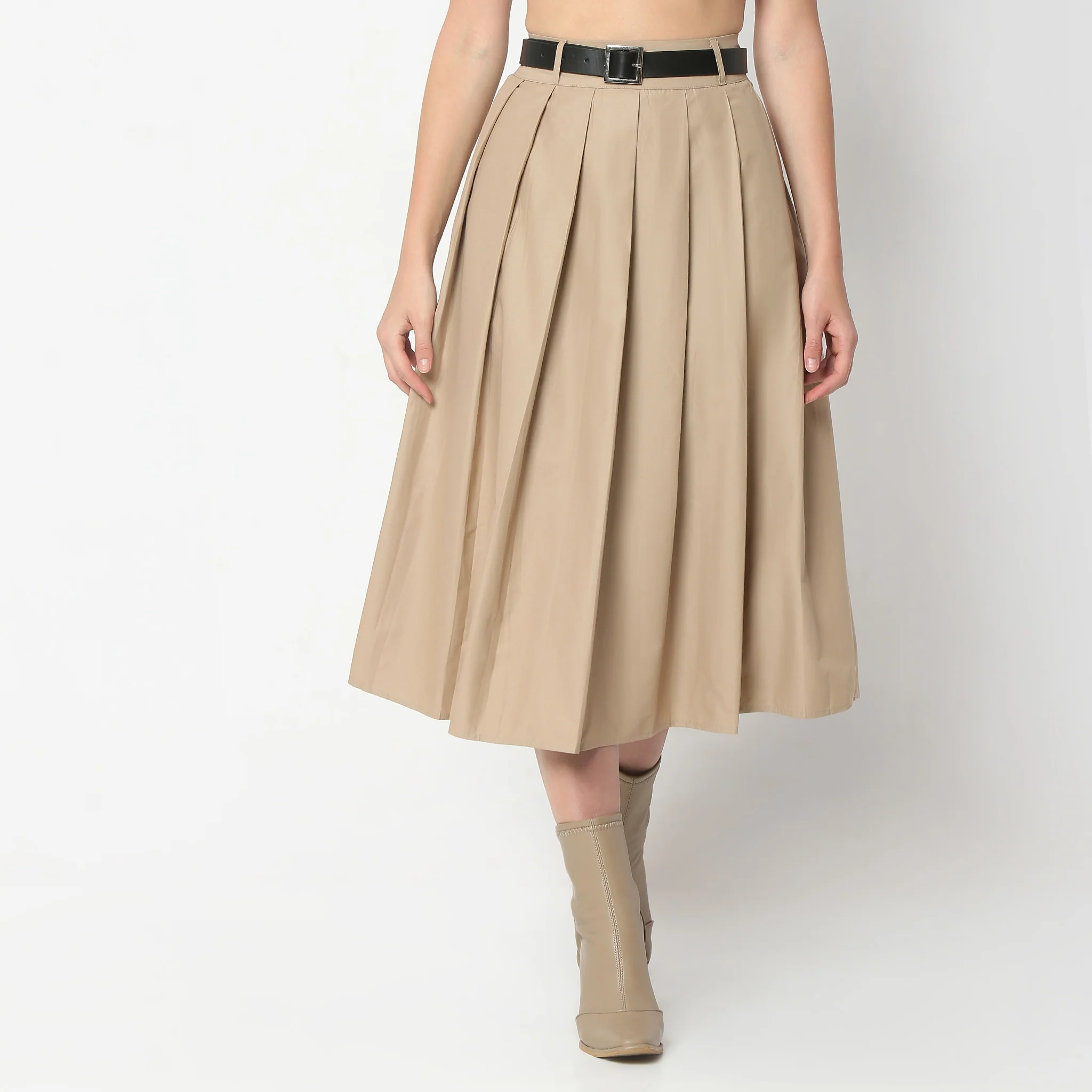 Flare Fit Pleats Calf Length High Rise Midi Skirt With Belt Detailing - Image 2
