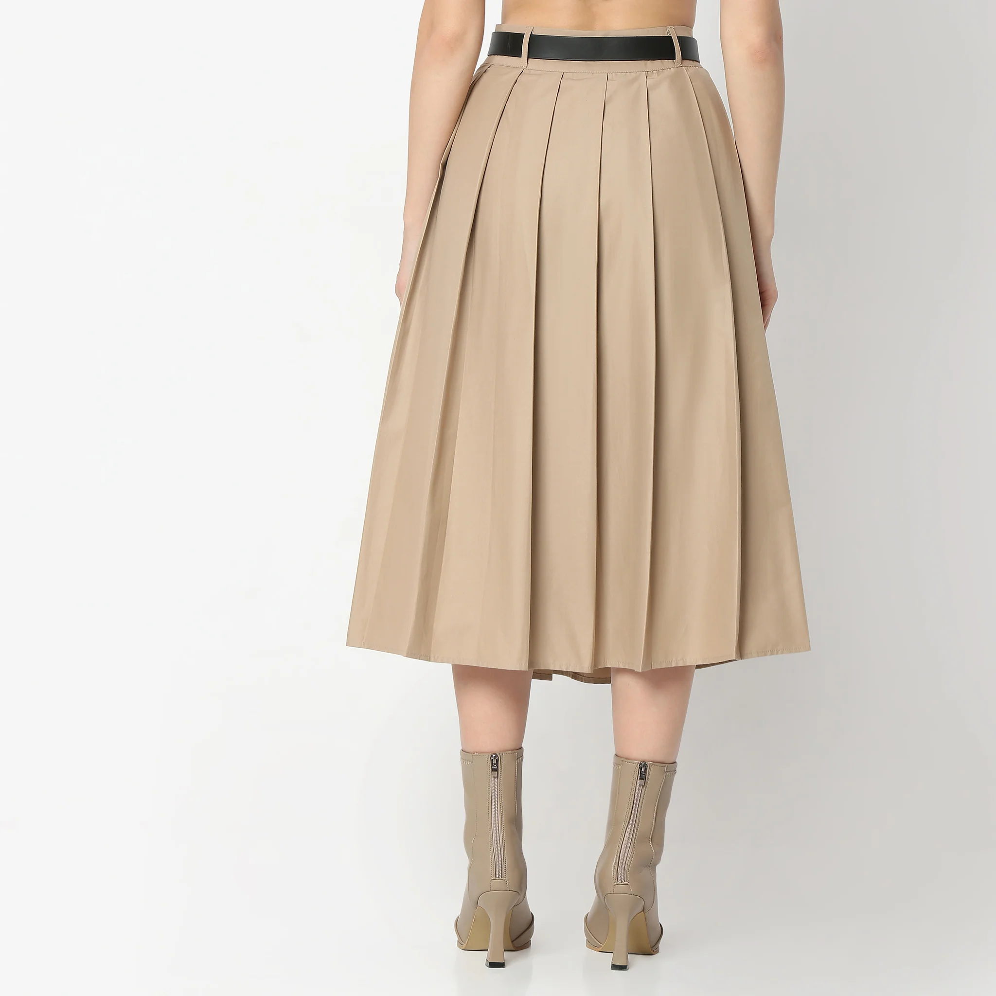 Flare Fit Pleats Calf Length High Rise Midi Skirt With Belt Detailing - Image 3