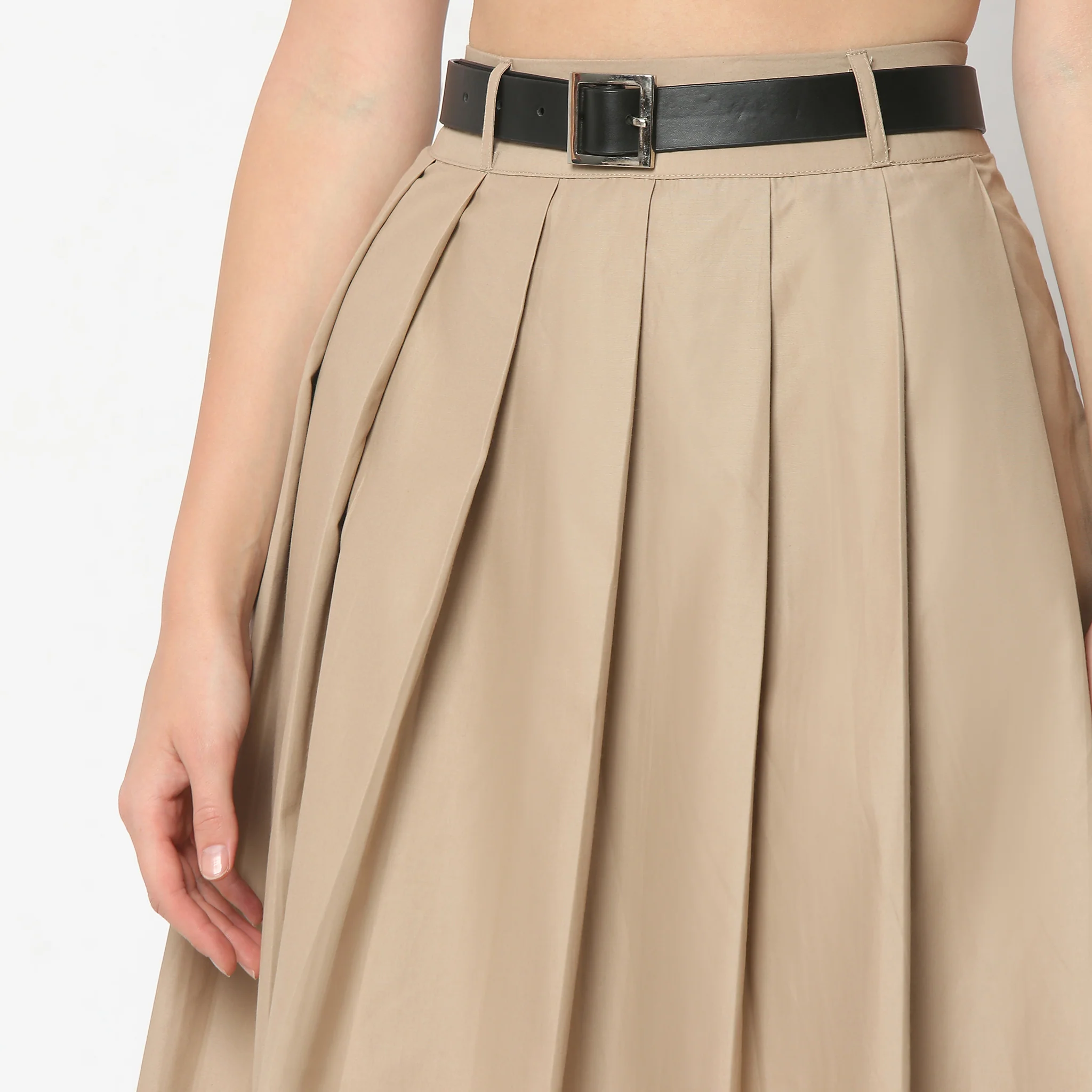 Flare Fit Pleats Calf Length High Rise Midi Skirt With Belt Detailing - Image 4