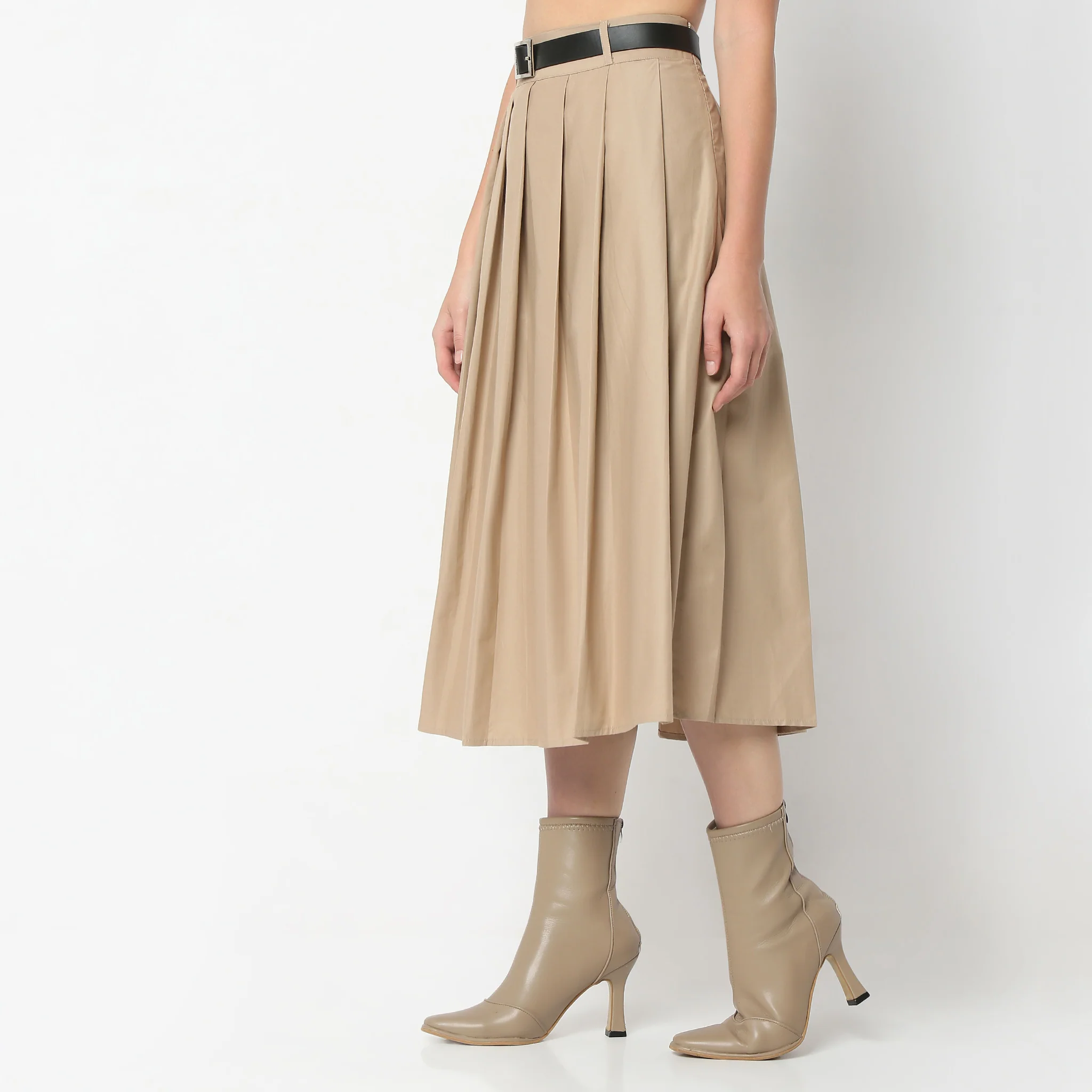 Flare Fit Pleats Calf Length High Rise Midi Skirt With Belt Detailing - Image 5