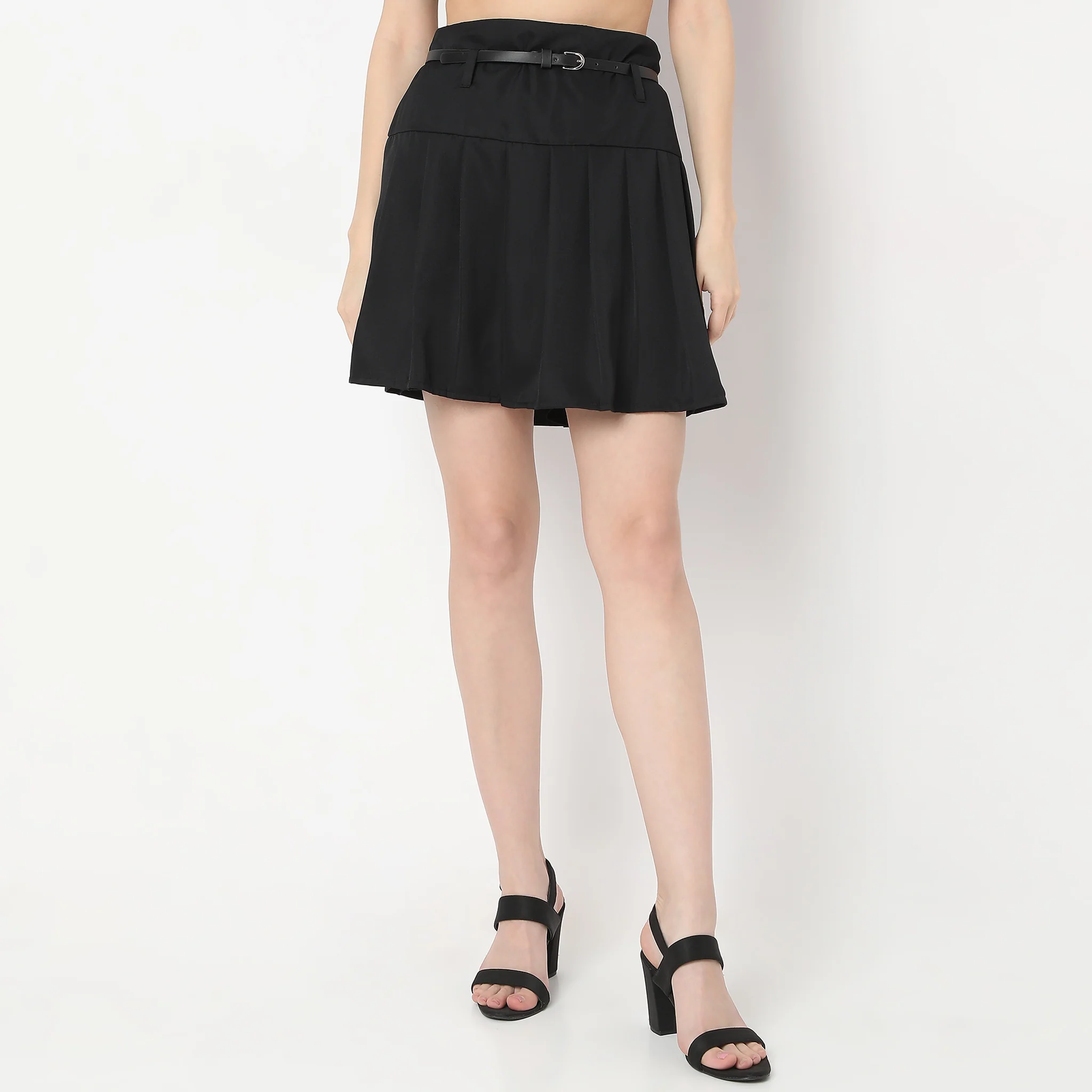 Flare Fit Pleats With Belts Above Knee High Rise Mini Skirt - Image 2