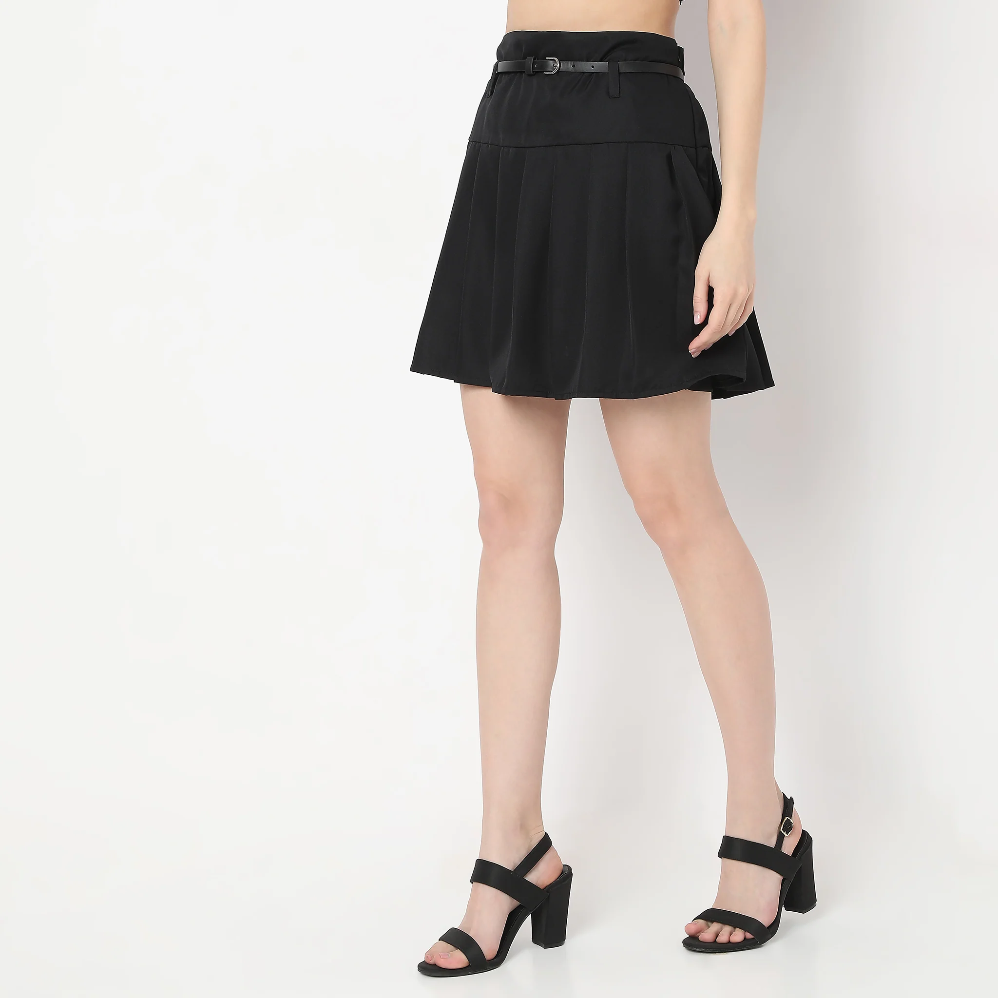 Flare Fit Pleats With Belts Above Knee High Rise Mini Skirt - Image 5