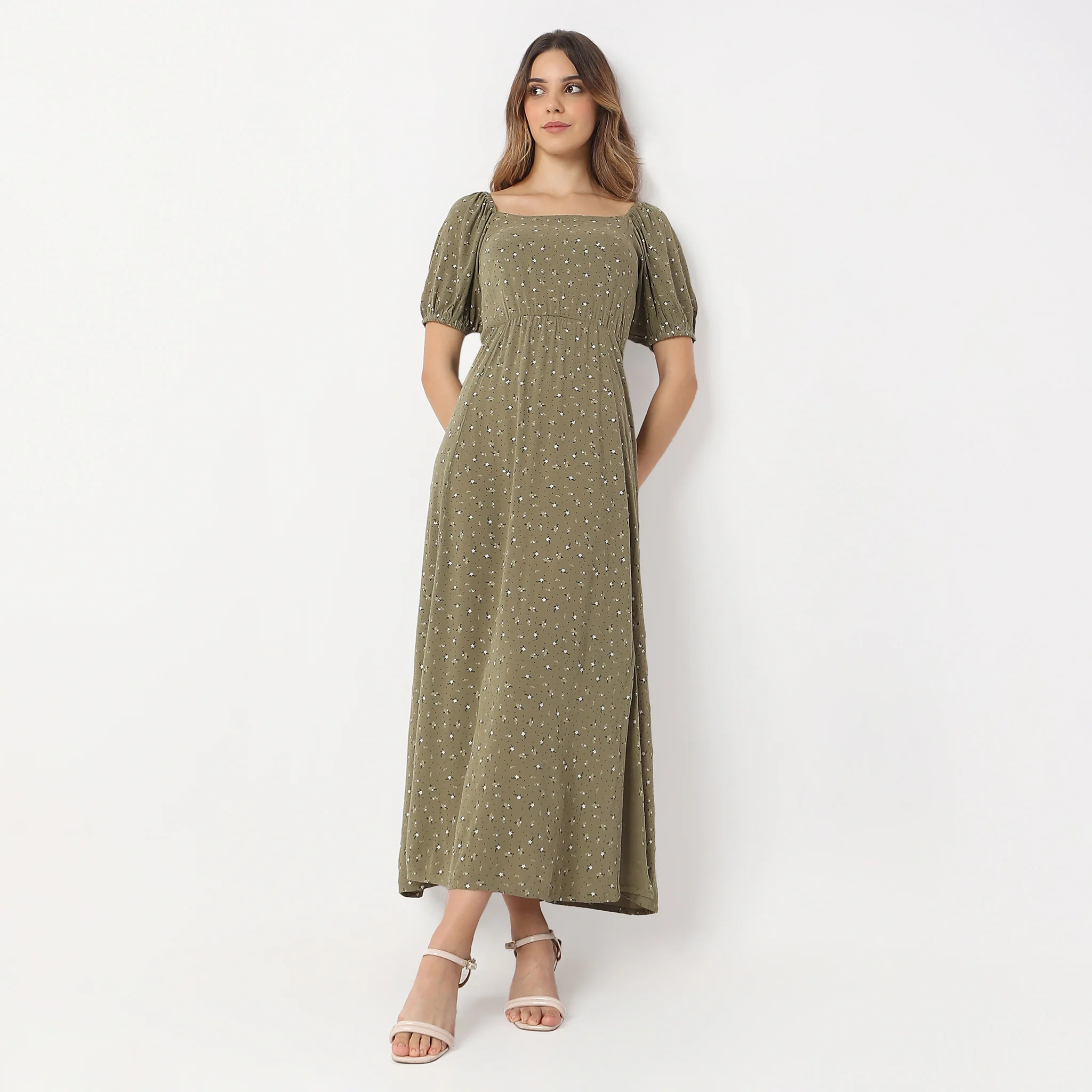 Flare Fit Printed Ankle Length Square Neck Betty Long Dress