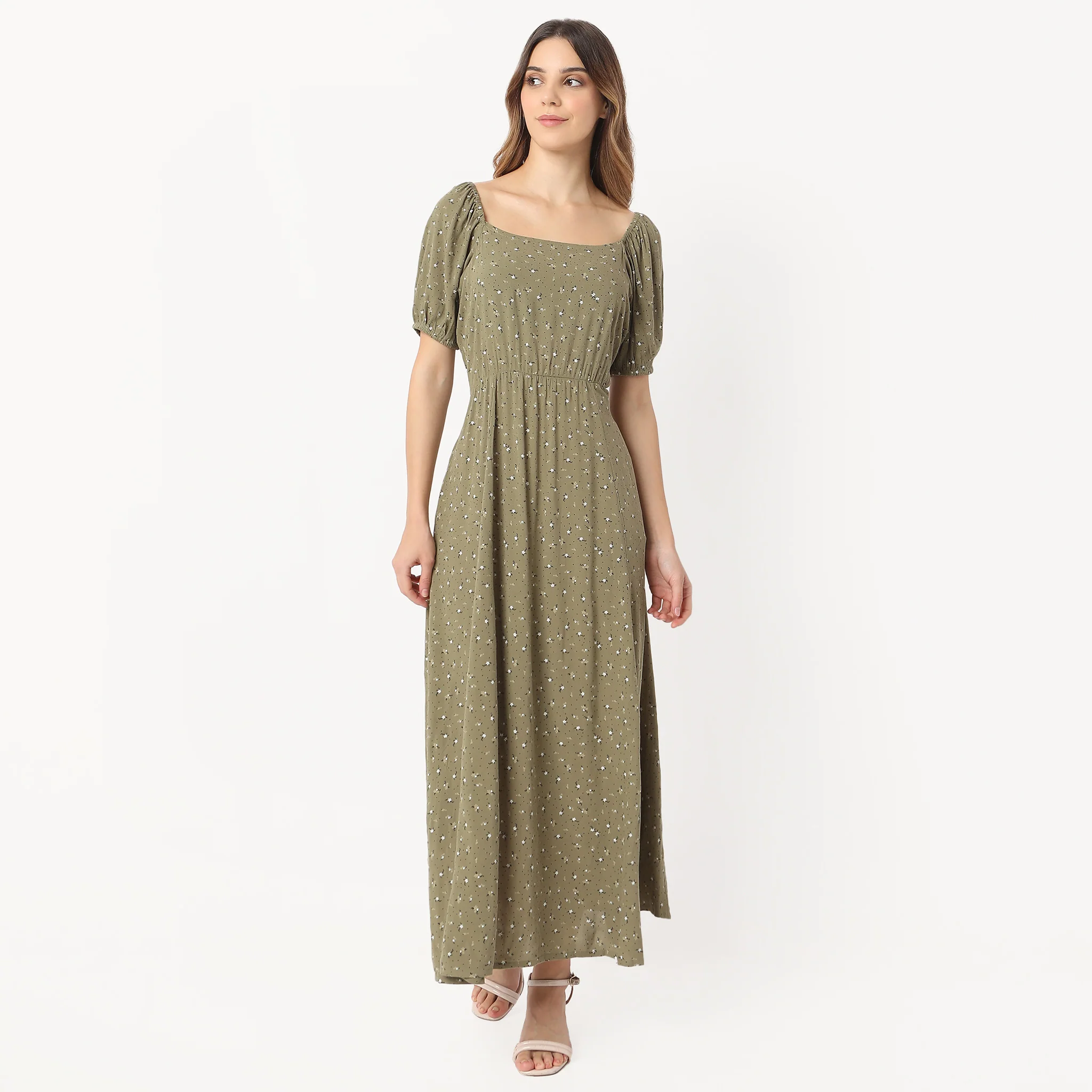 Flare Fit Printed Ankle Length Square Neck Betty Long Dress - Image 2
