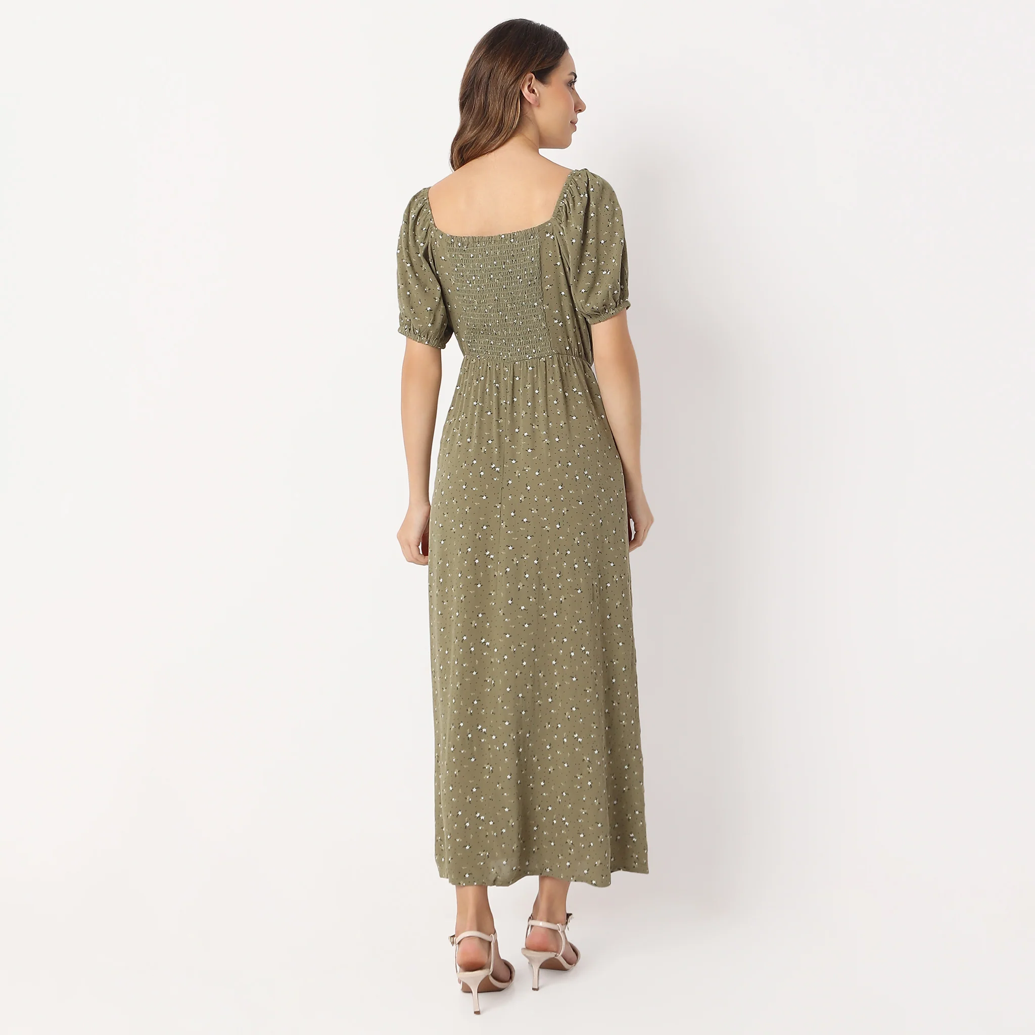 Flare Fit Printed Ankle Length Square Neck Betty Long Dress - Image 3