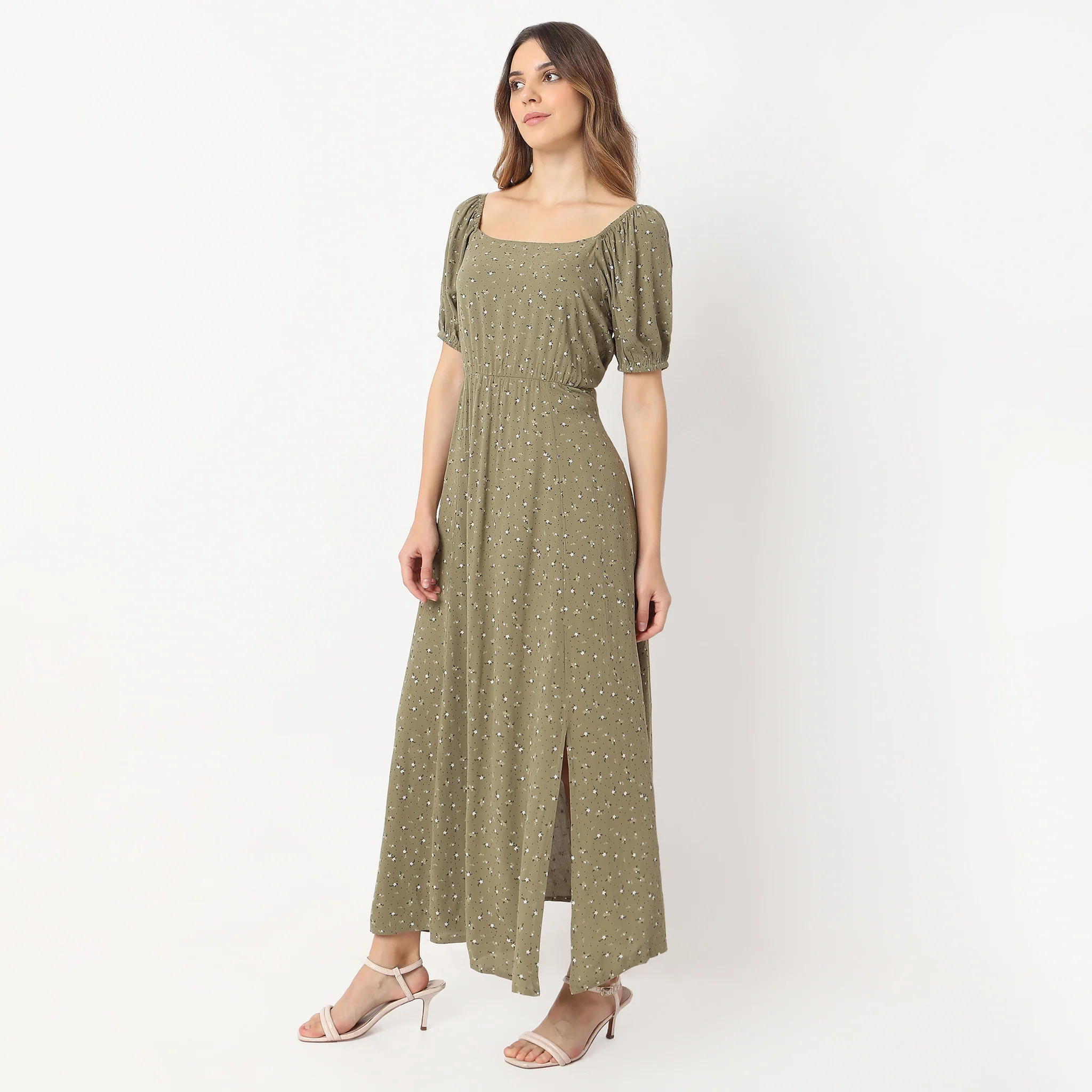 Flare Fit Printed Ankle Length Square Neck Betty Long Dress - Image 5