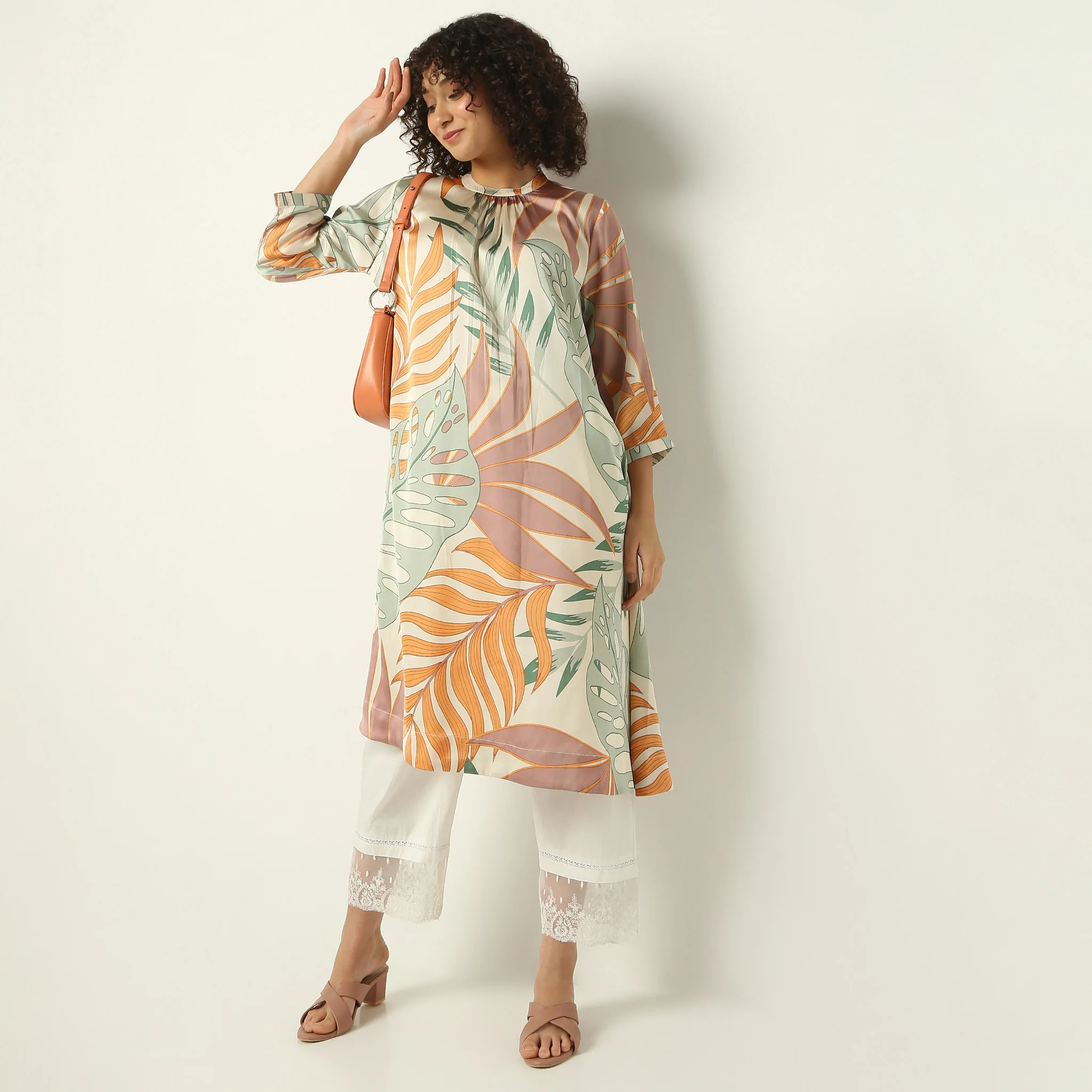 Band Neck Flare Fit Printed Kurta