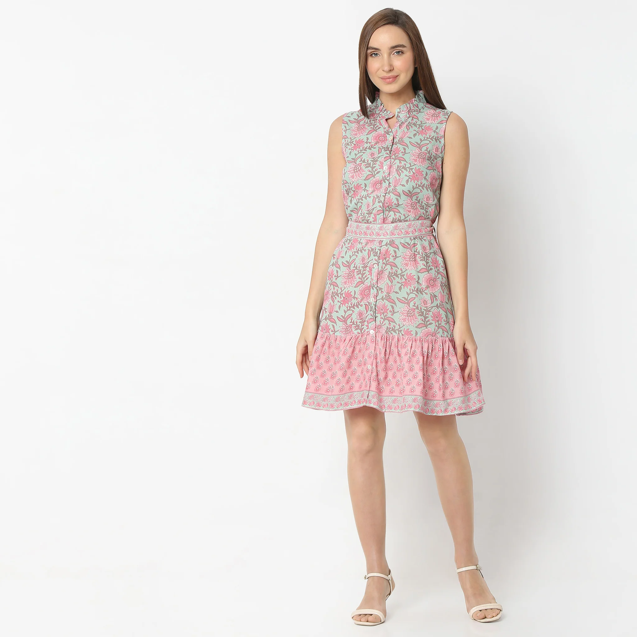 Flare Fit Printed Above Knee Band Neck Sleeveless Dress - Image 2