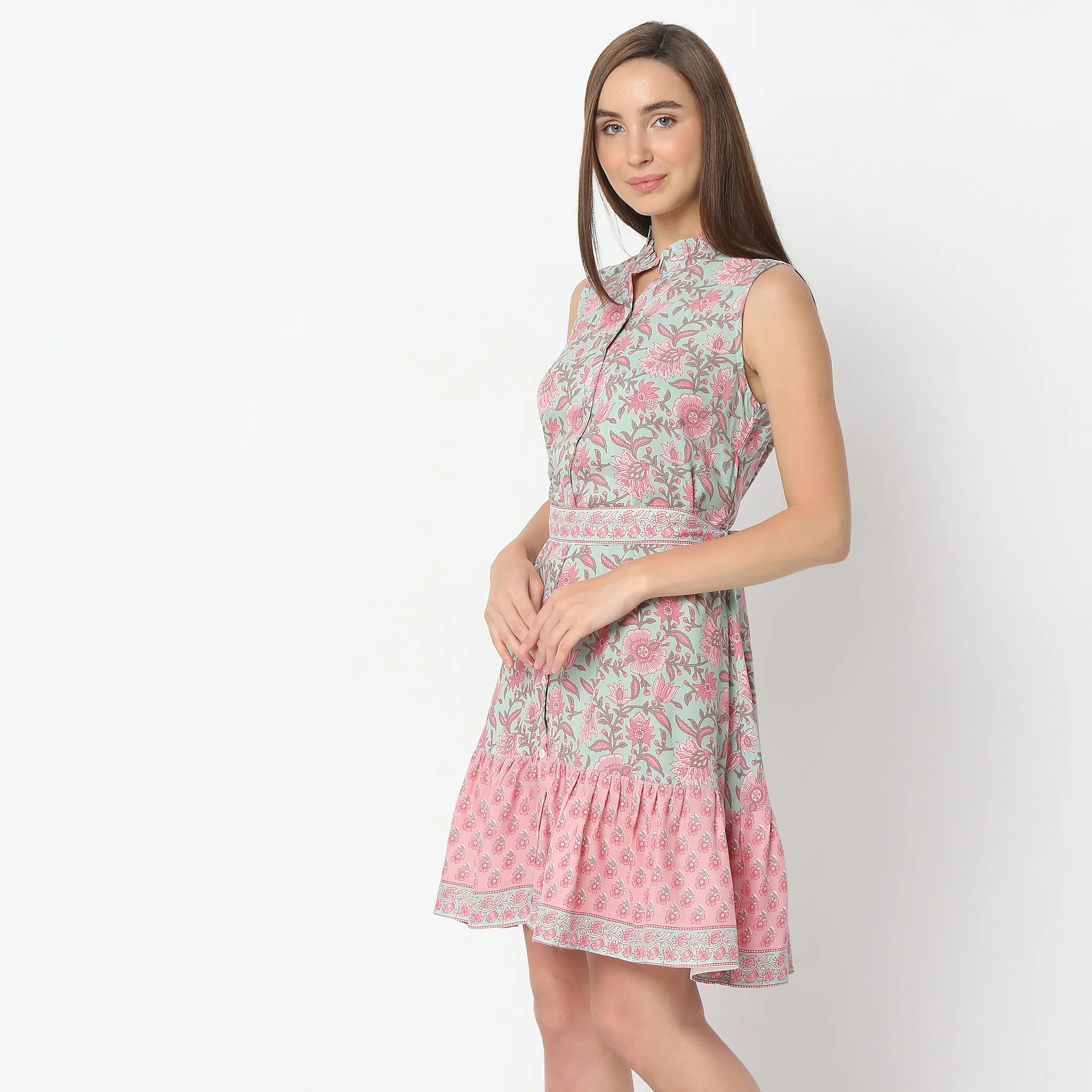 Flare Fit Printed Above Knee Band Neck Sleeveless Dress - Image 5