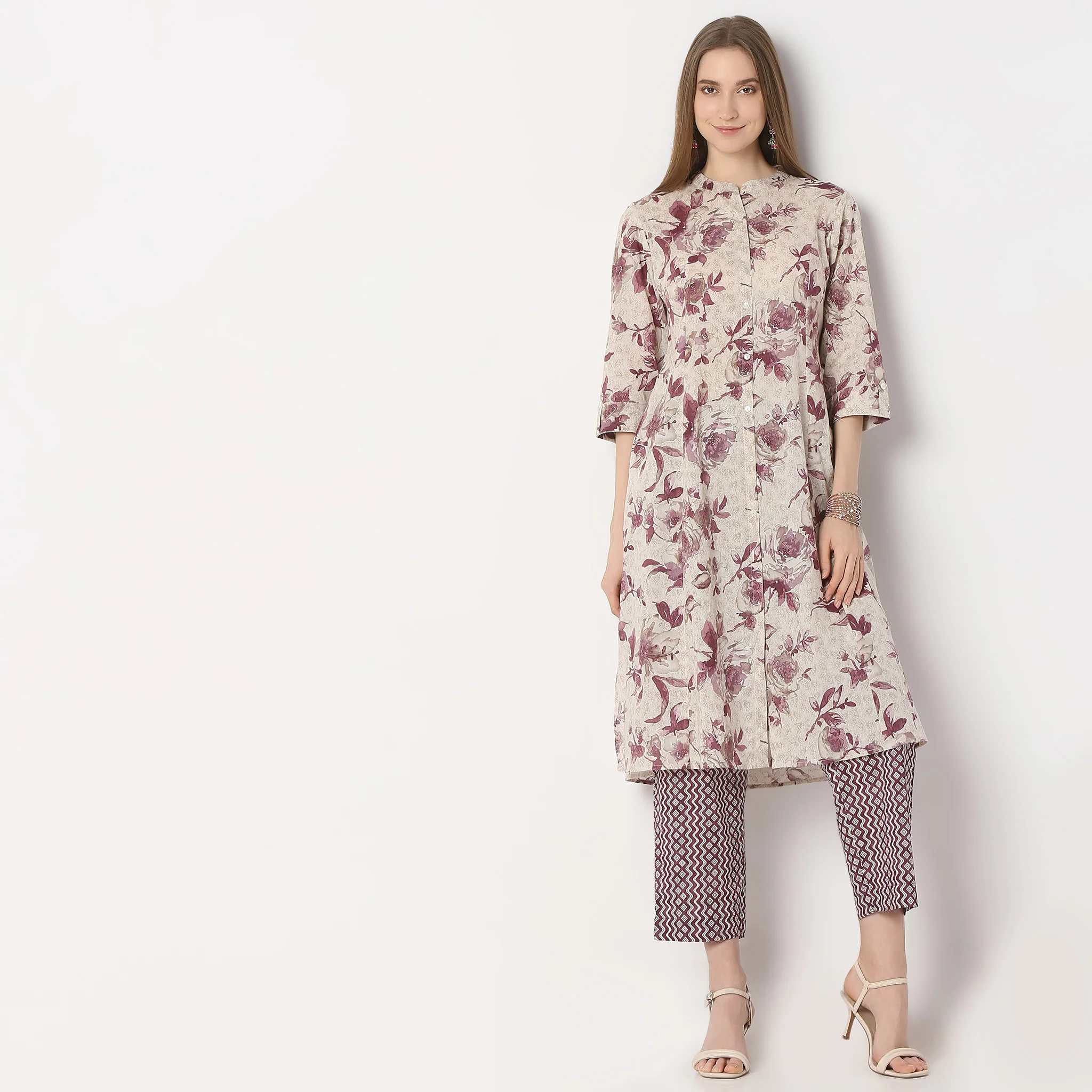 Flare Fit Printed Band Neck Traditional Kurta And Pant With Dupatta Set