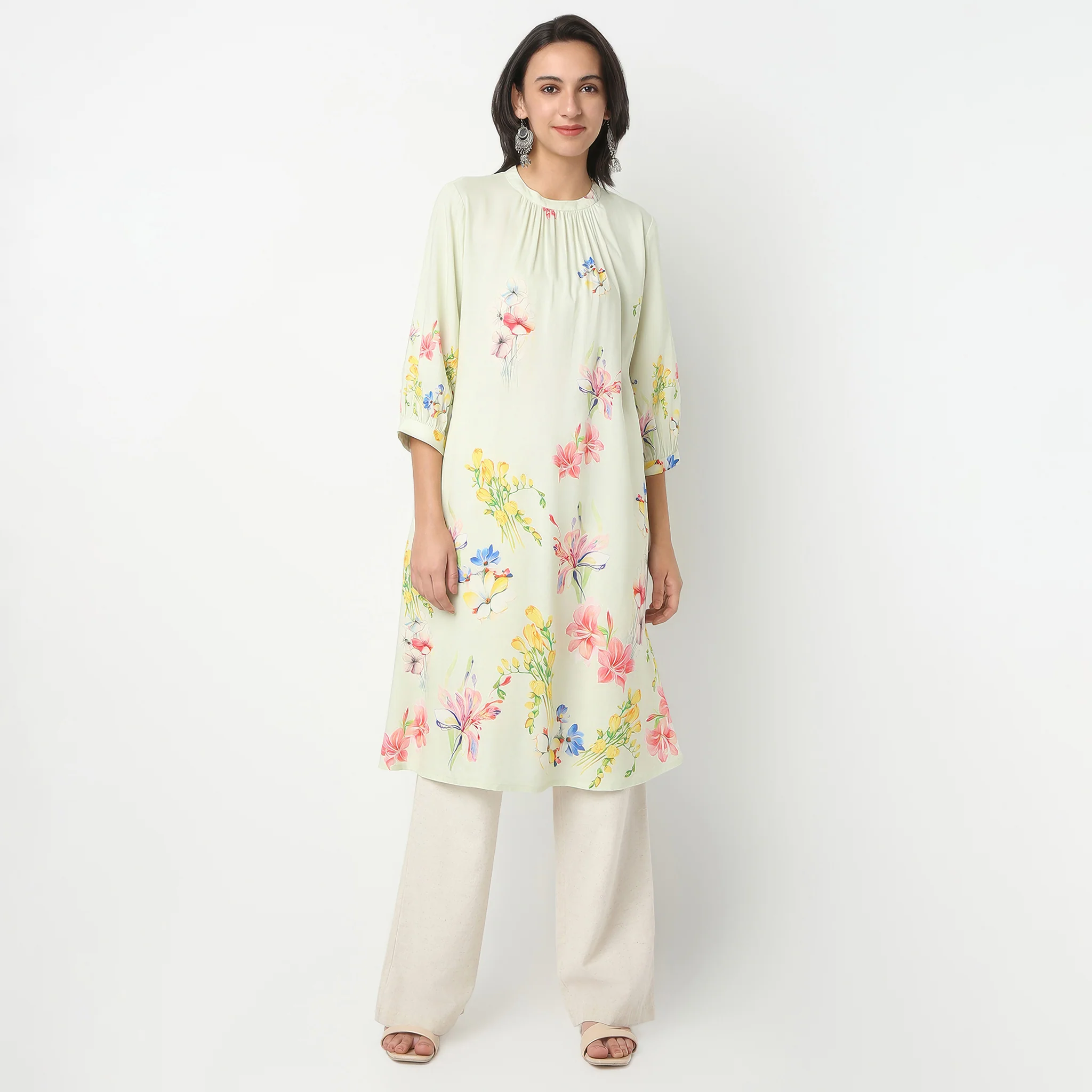 Band Neck Below Knee Three-Fourth Sleeve Flare Fit Printed Kurta - Image 2