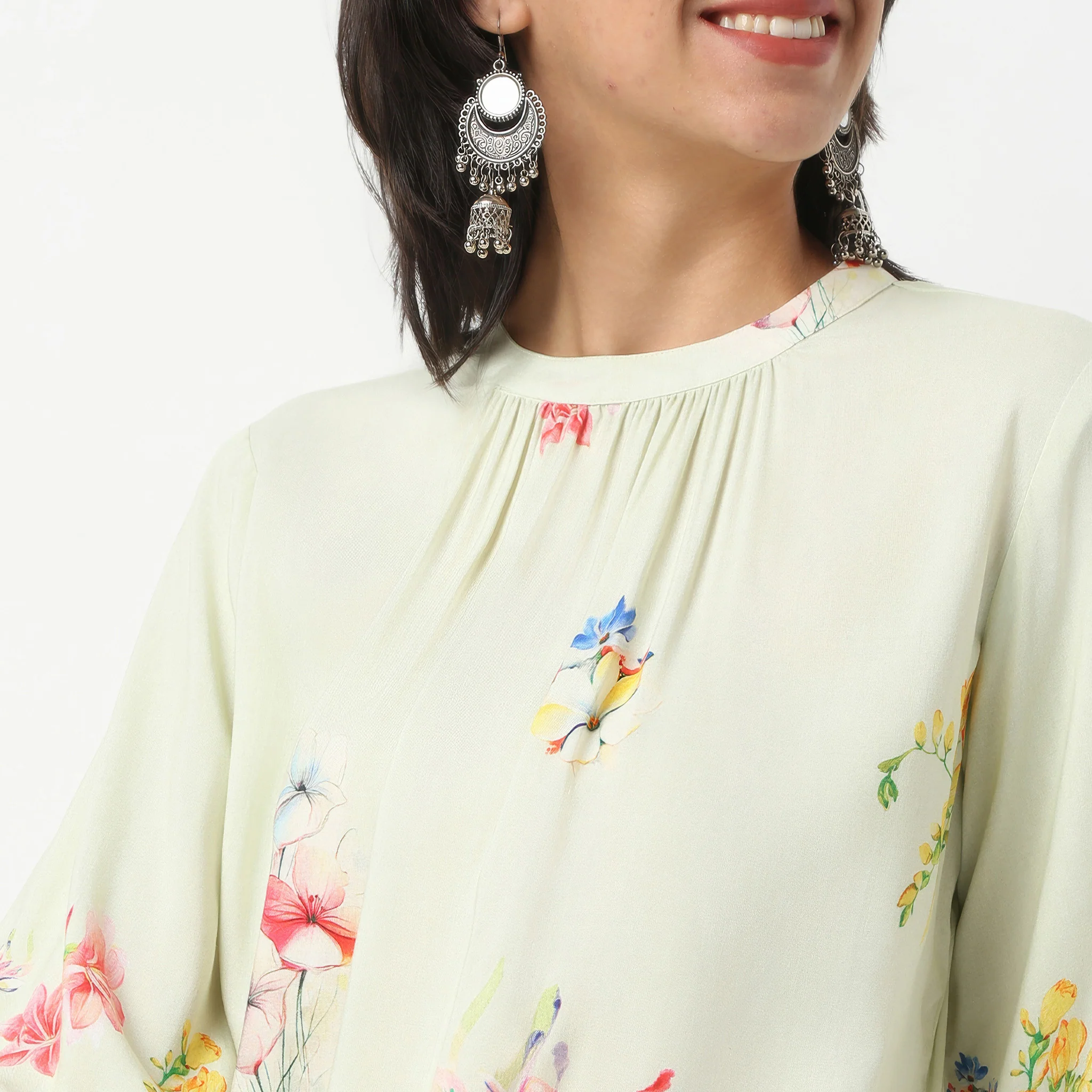 Band Neck Below Knee Three-Fourth Sleeve Flare Fit Printed Kurta - Image 4