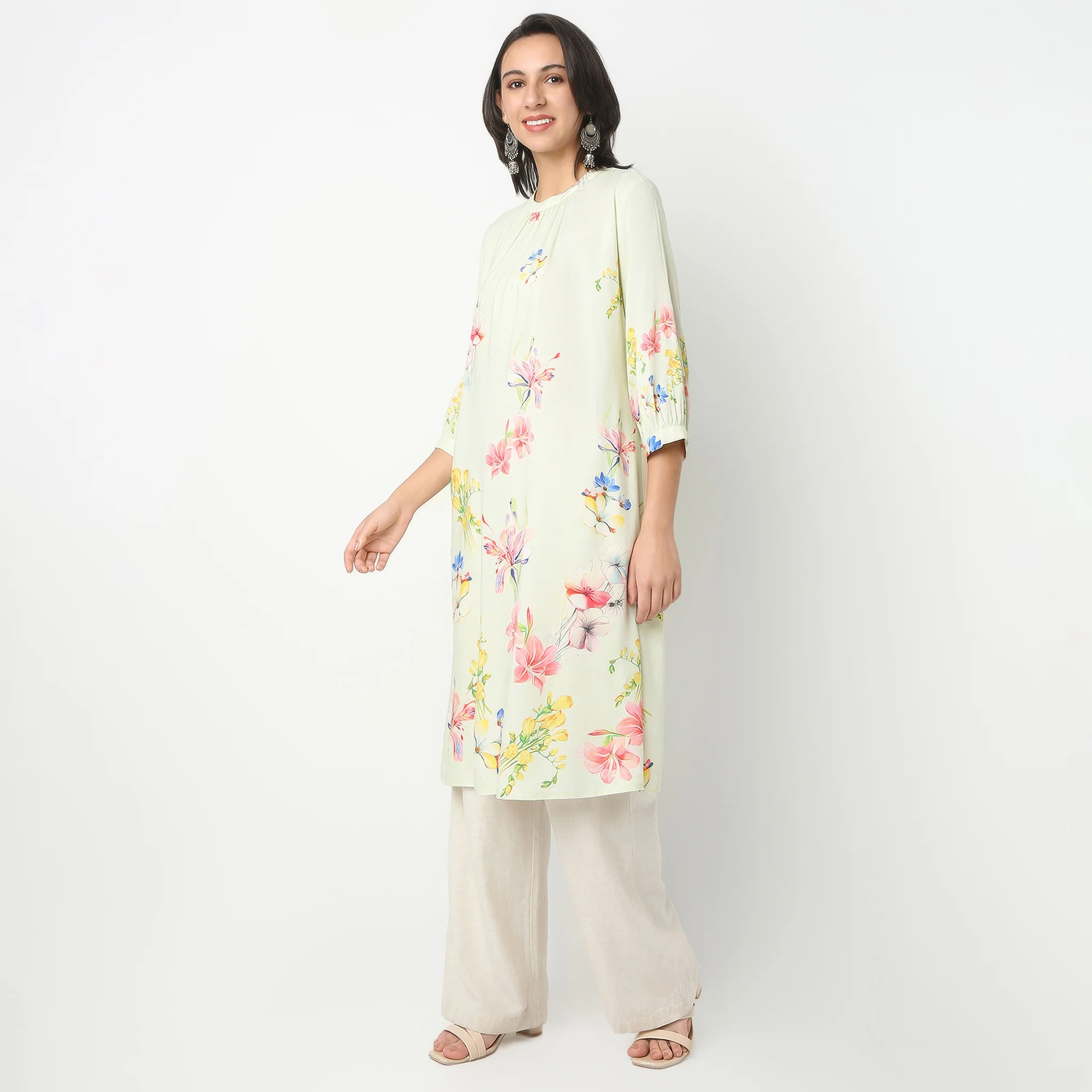 Band Neck Below Knee Three-Fourth Sleeve Flare Fit Printed Kurta - Image 5