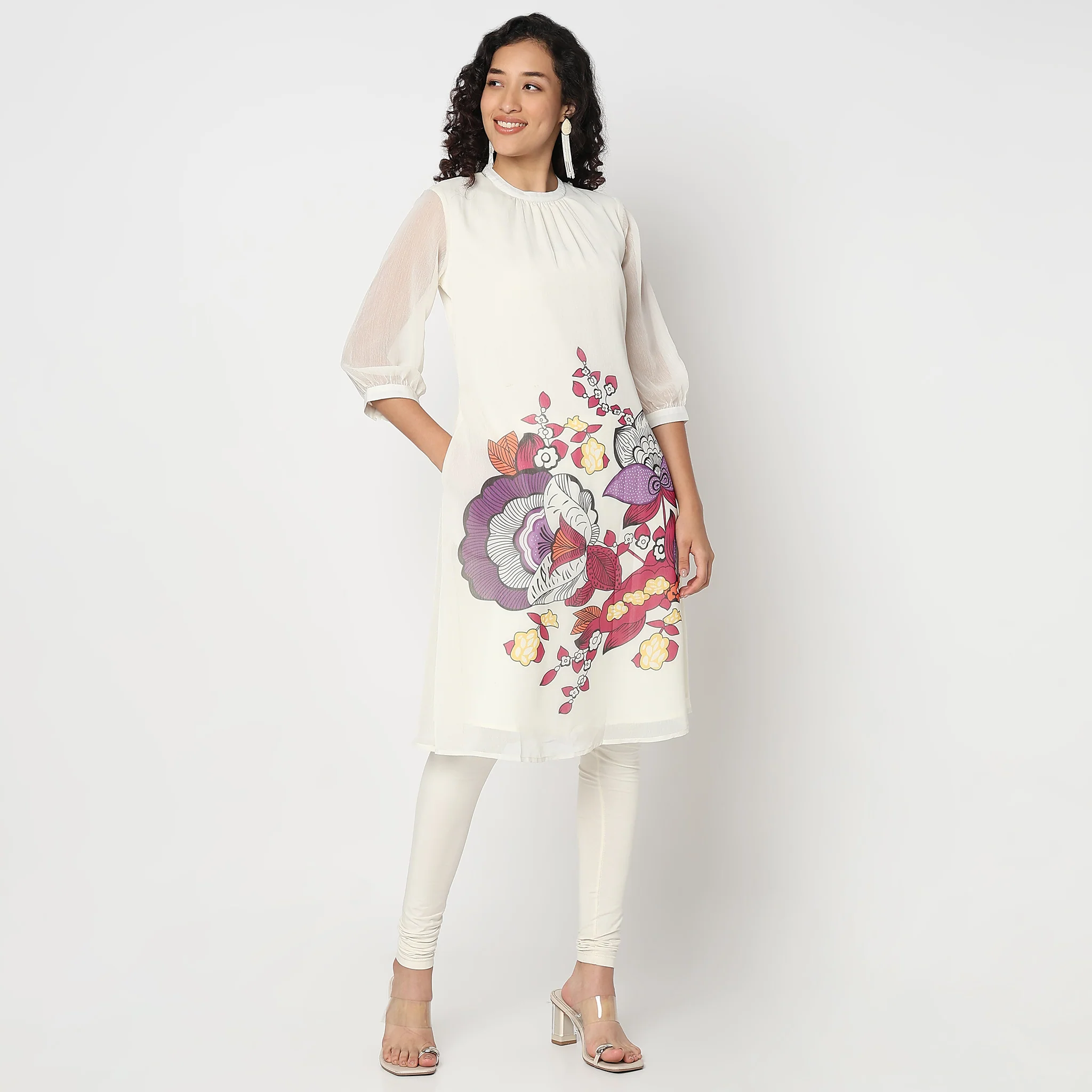 Flare Fit Printed Band Neck Kurta - Image 2