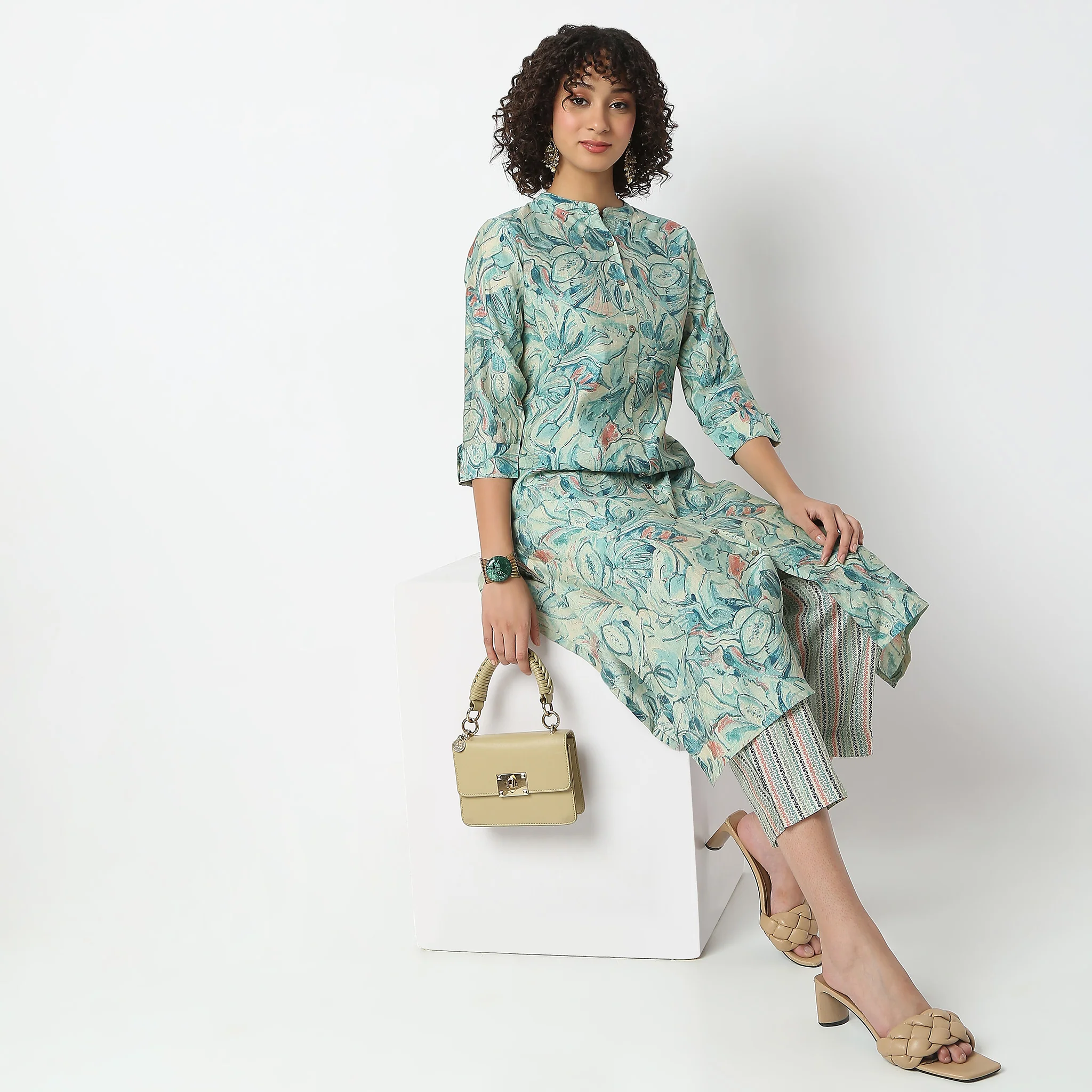 Flare Fit Printed Band Neck Kurta With Pant Set