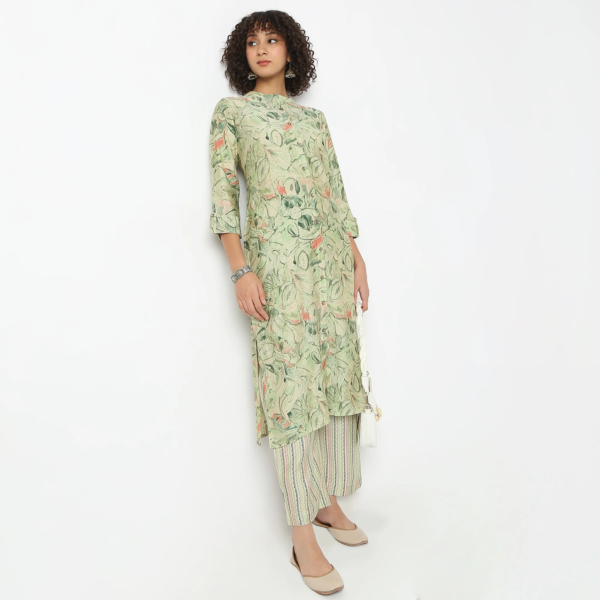 Flare Fit Printed Band Neck Kurta With Pant Set - Image 8