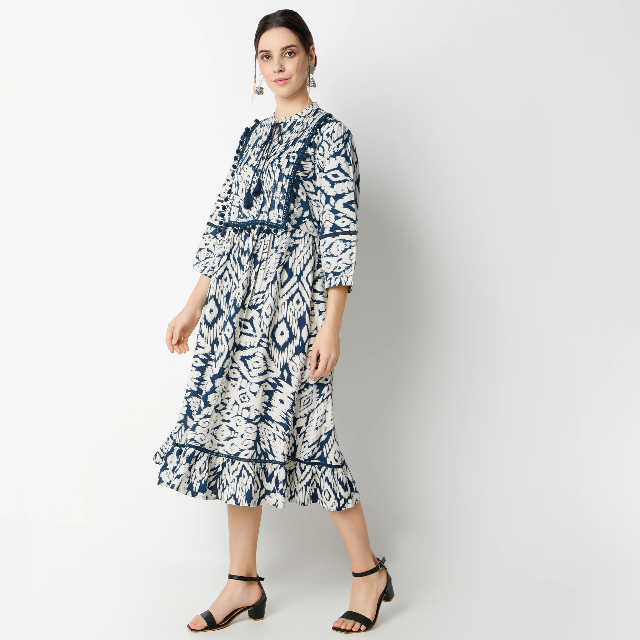 Flare Fit Printed Below Knee Band Neck Dress - Image 5
