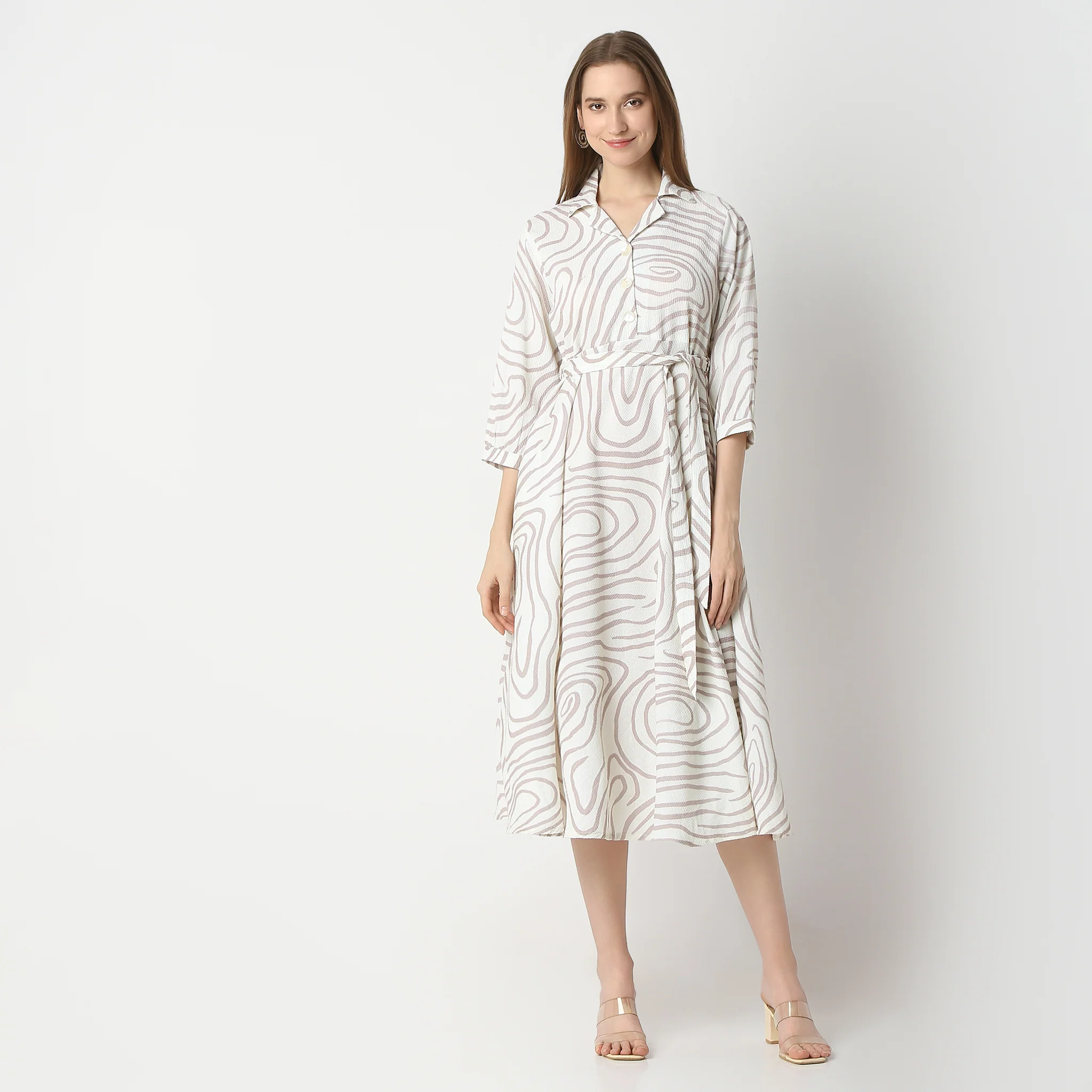 Flare Fit Printed Below Knee Lapel Collar Dress - Image 2