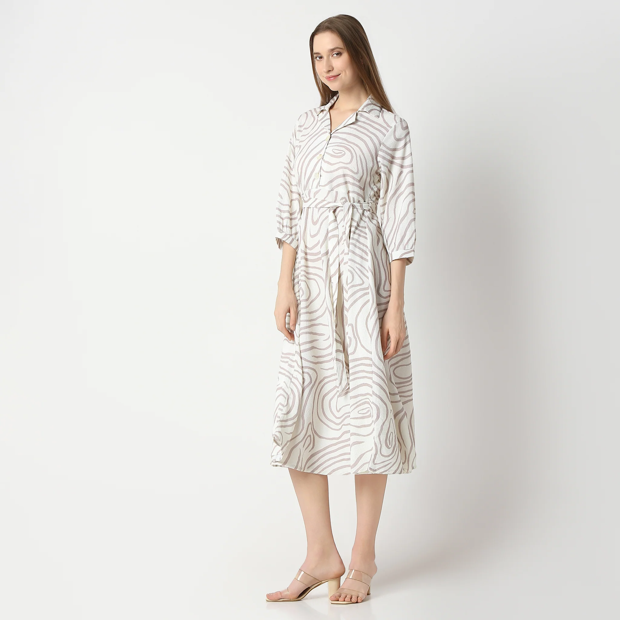 Flare Fit Printed Below Knee Lapel Collar Dress - Image 5