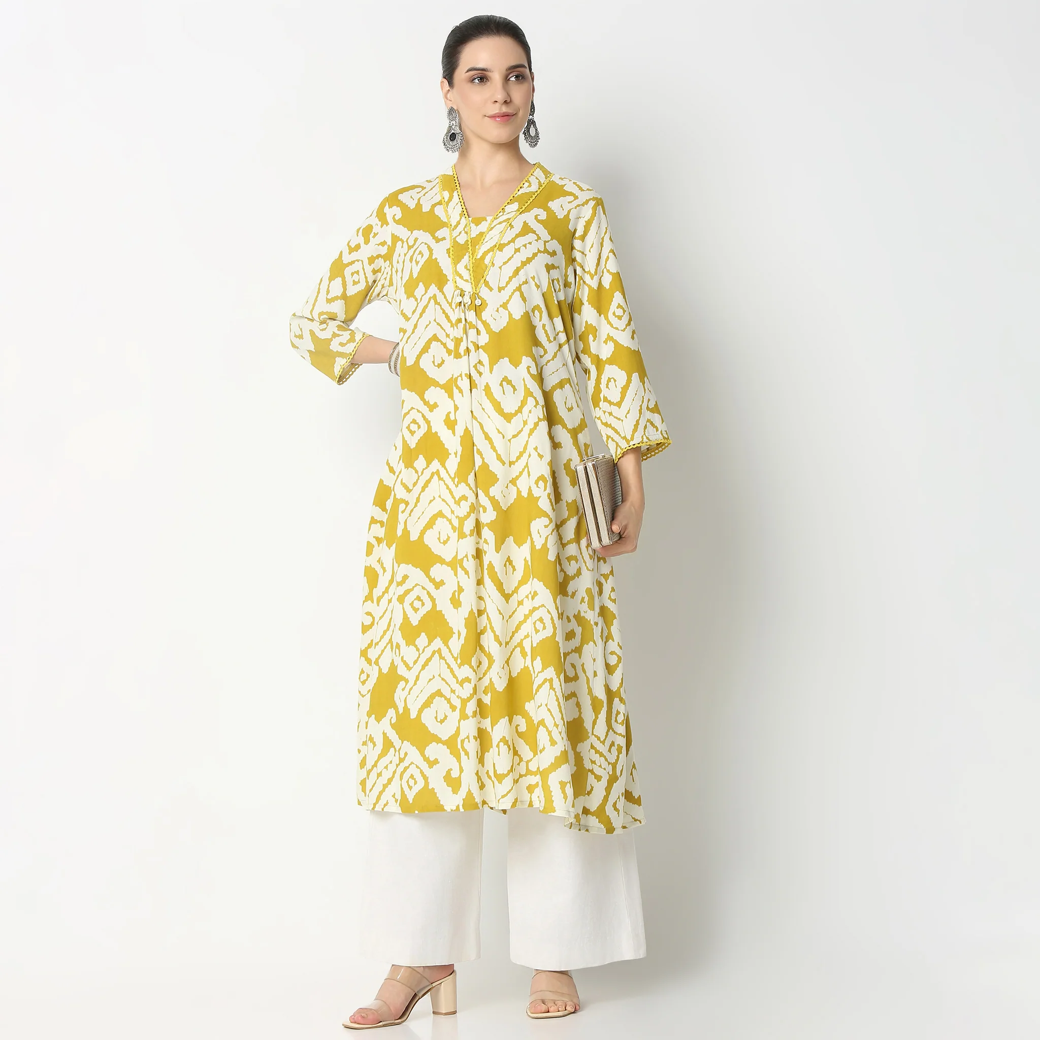 Flare Fit Printed Below Knee V-Neck Kurta