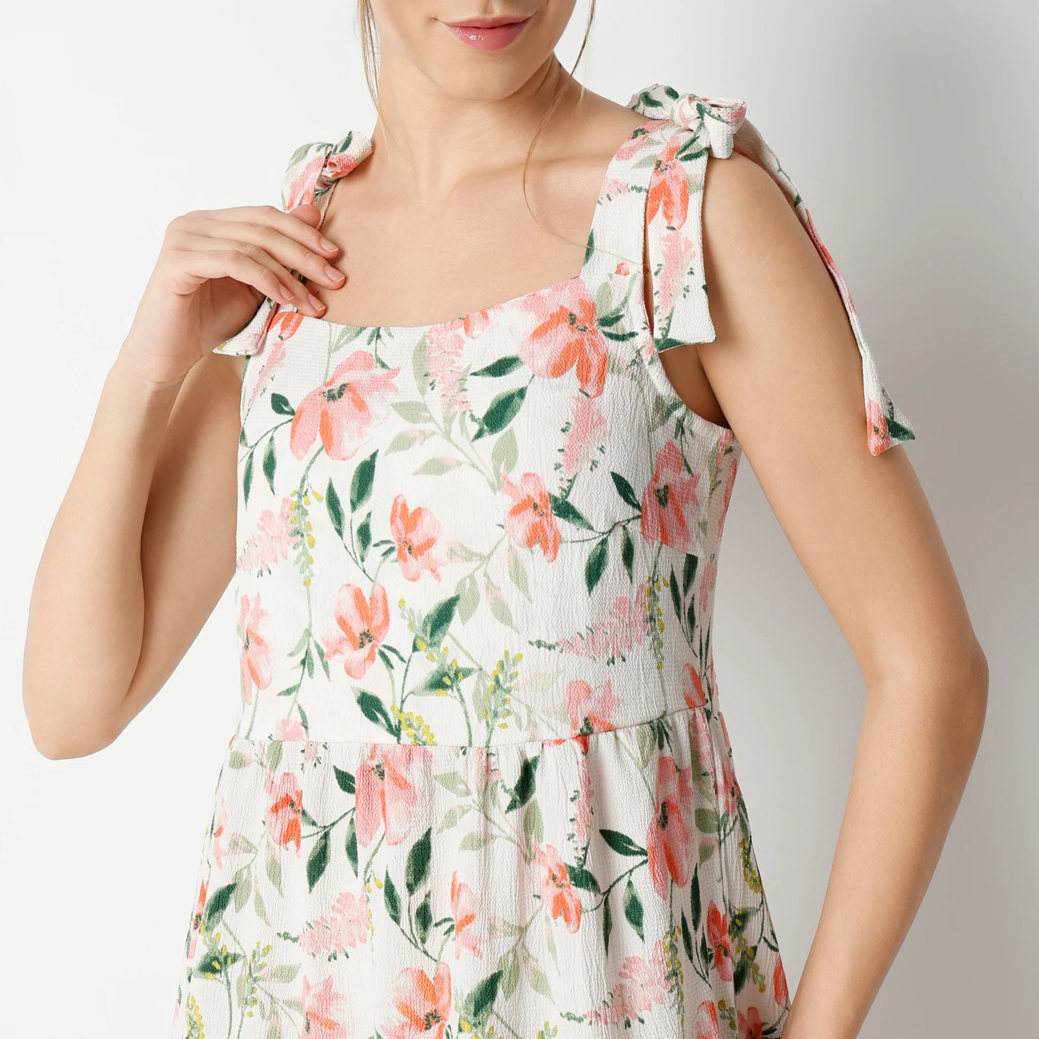 Flare Fit Printed Calf Length Square Neck Strap Shoulder Tiered Dress - Image 4
