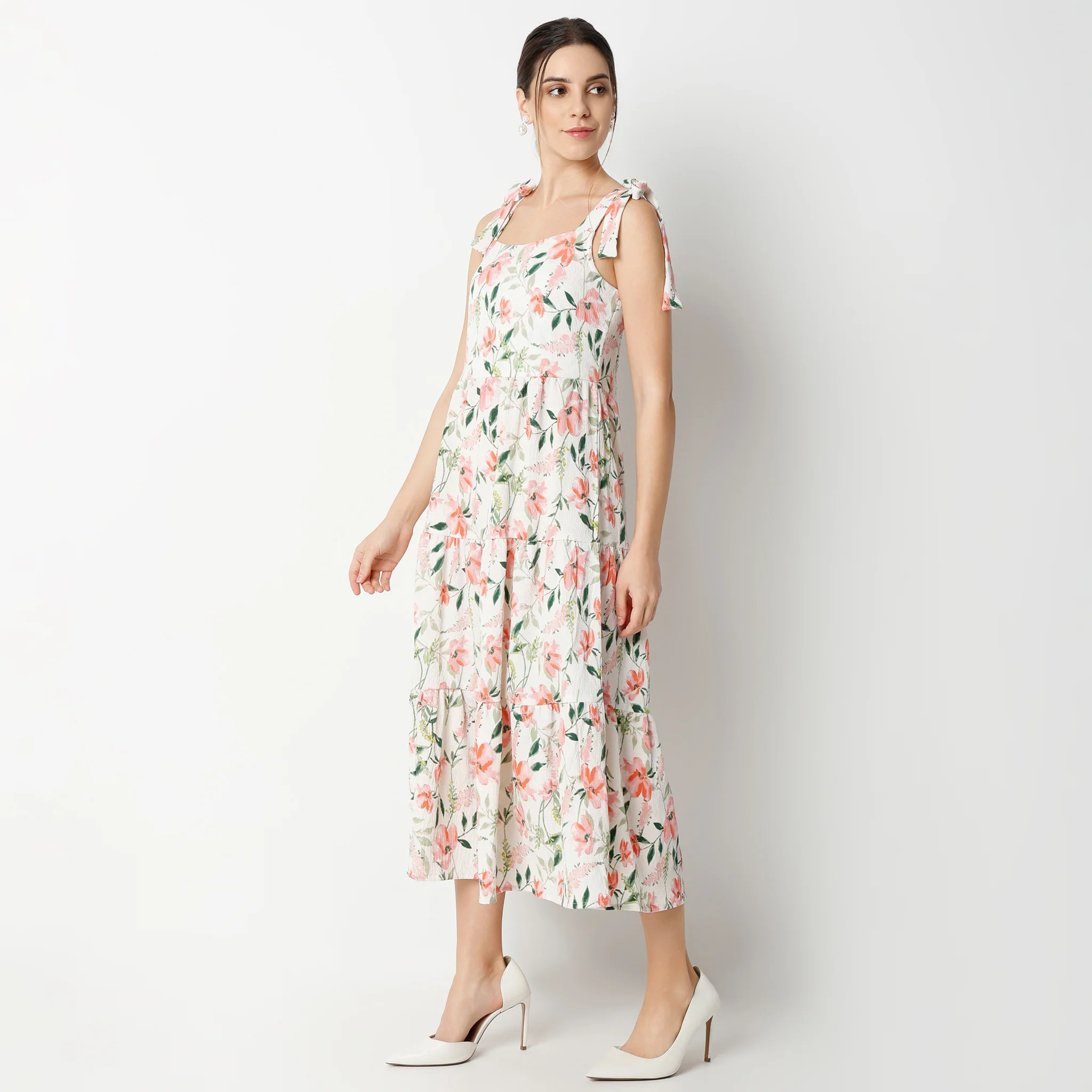 Flare Fit Printed Calf Length Square Neck Strap Shoulder Tiered Dress - Image 5