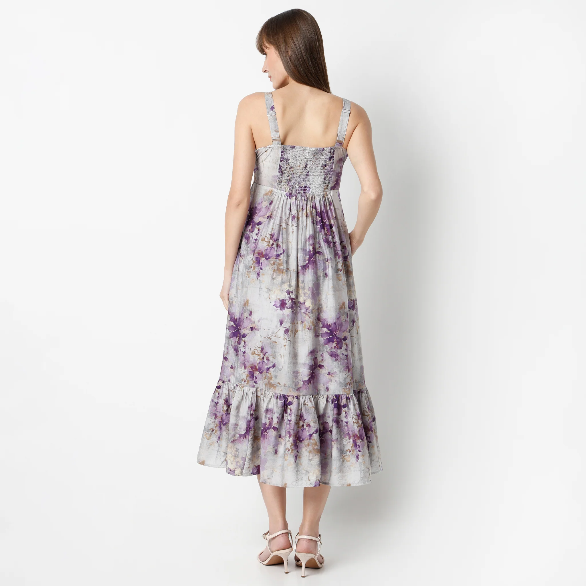 Flare Fit Printed Calf Length Square Neck Strap Dress - Image 3