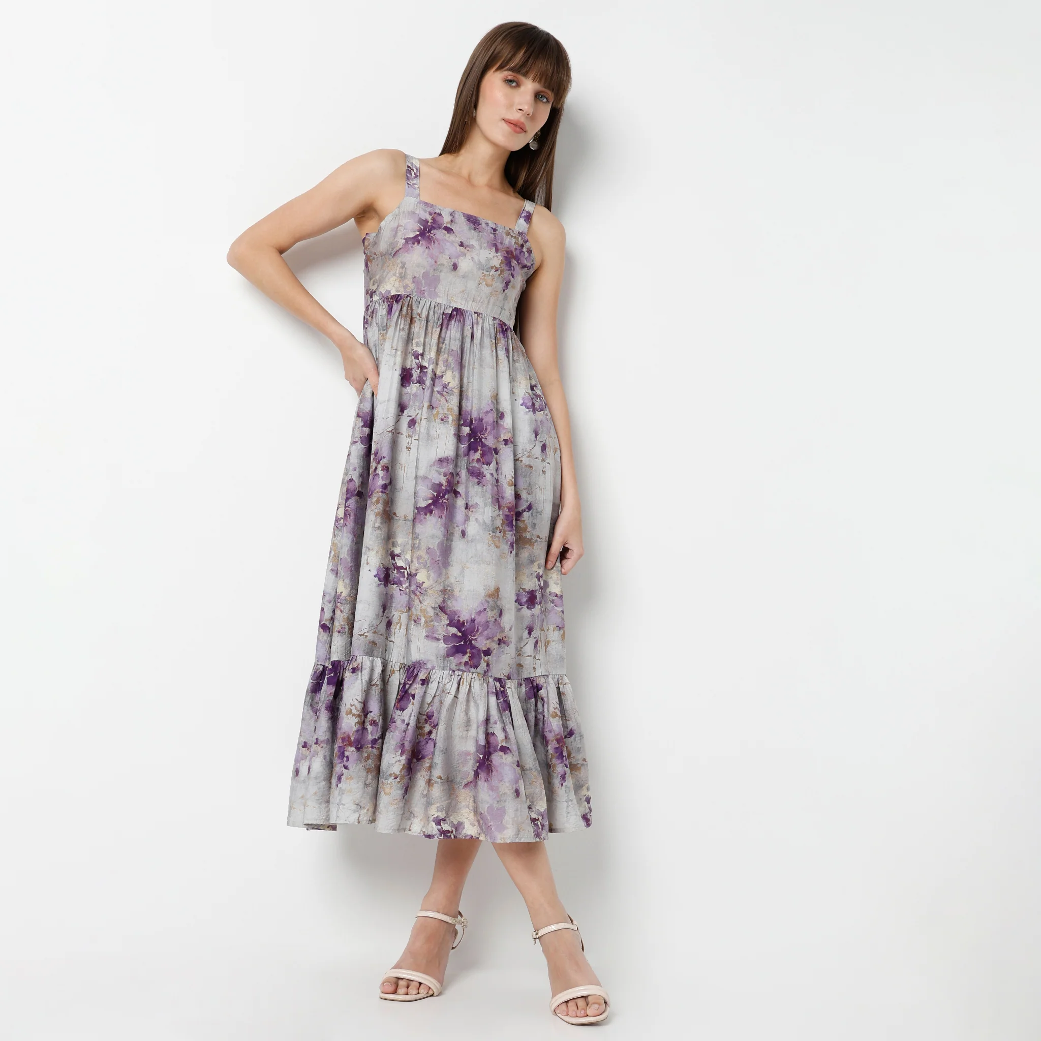 Flare Fit Printed Calf Length Square Neck Strap Dress - Image 4