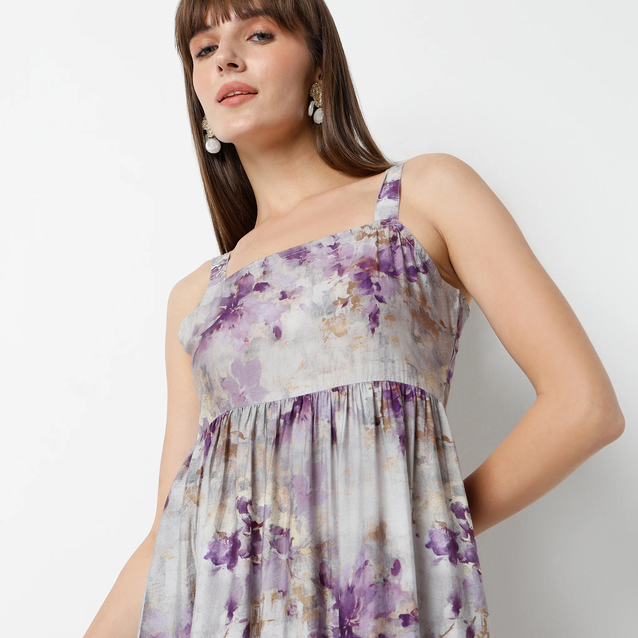 Flare Fit Printed Calf Length Square Neck Strap Dress - Image 5