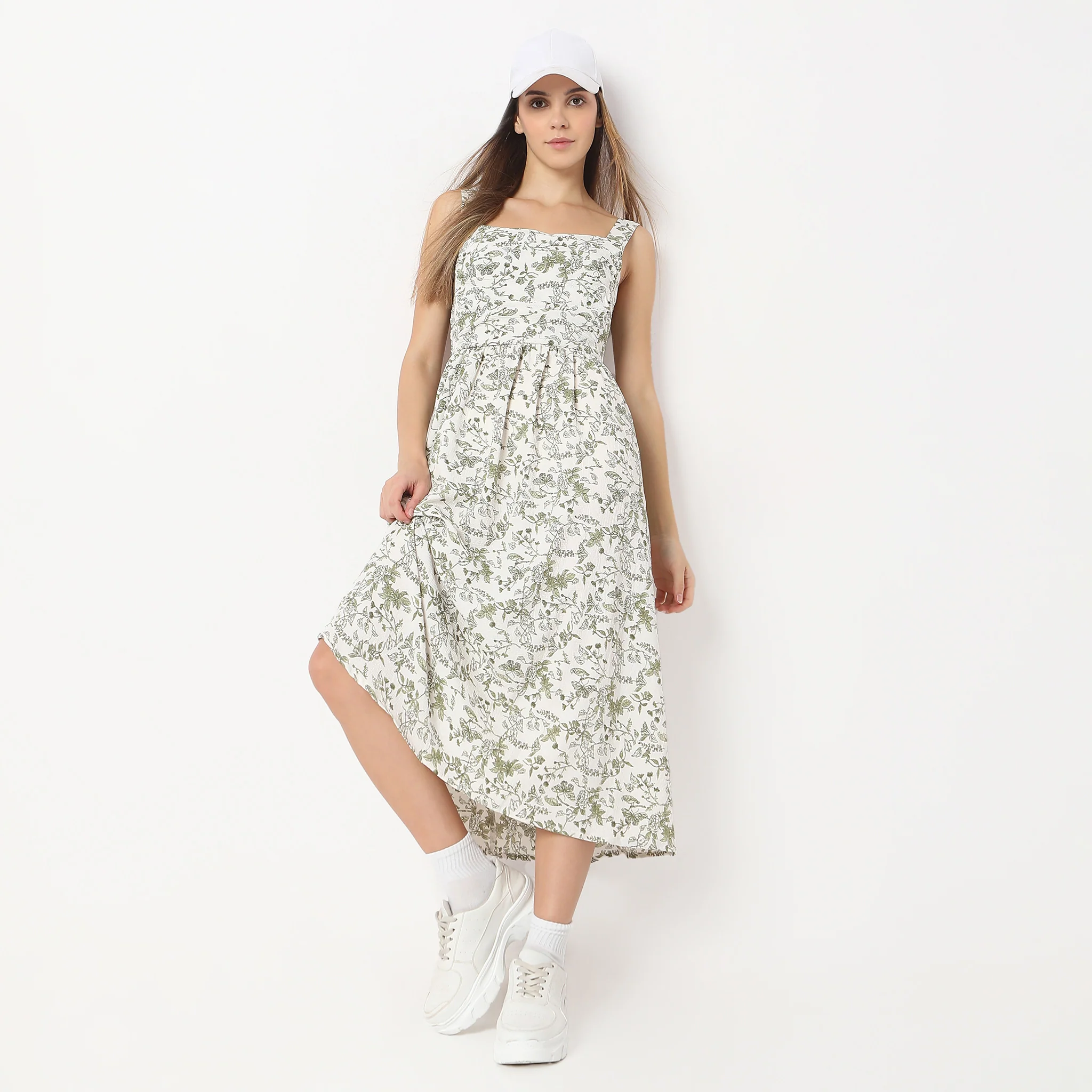 Flare Fit Printed Calf Length Square Neck Betty Sleeveless Dress
