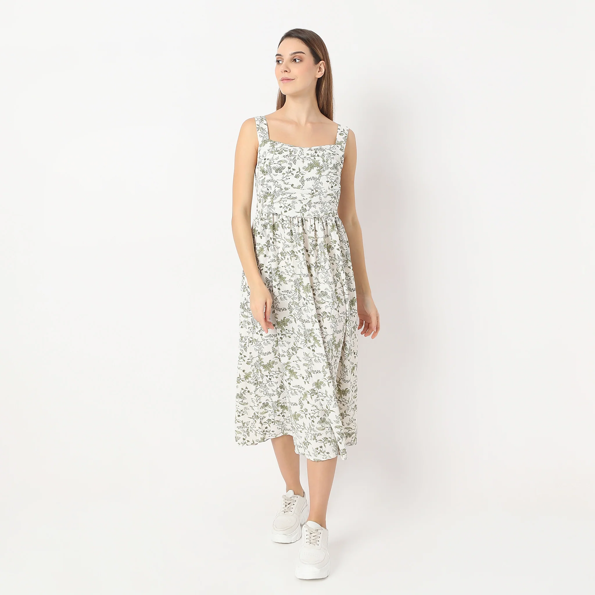 Flare Fit Printed Calf Length Square Neck Betty Sleeveless Dress - Image 2