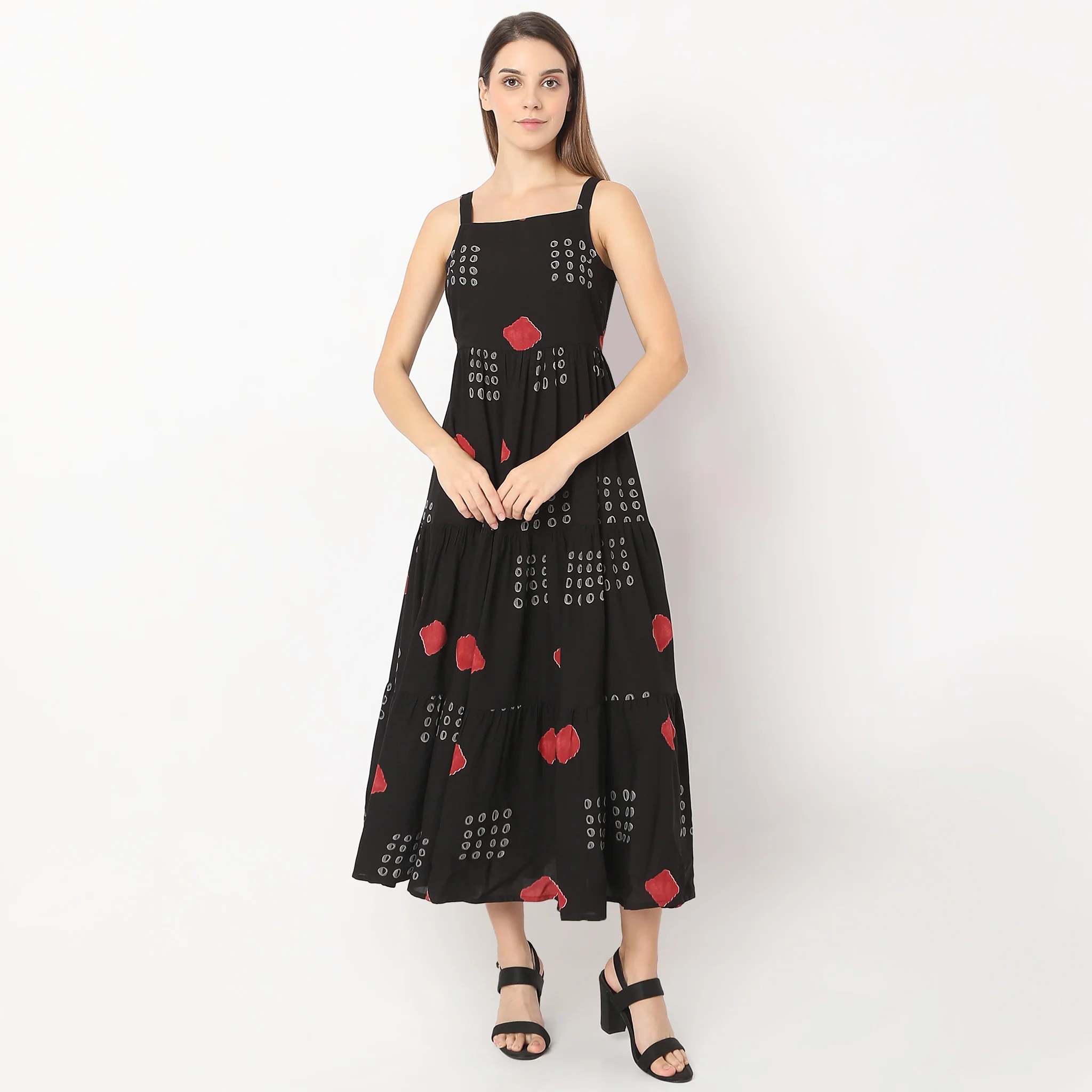 Flare Fit Printed Calf Length Square Neck Tiered Sleeveless Dress - Image 2