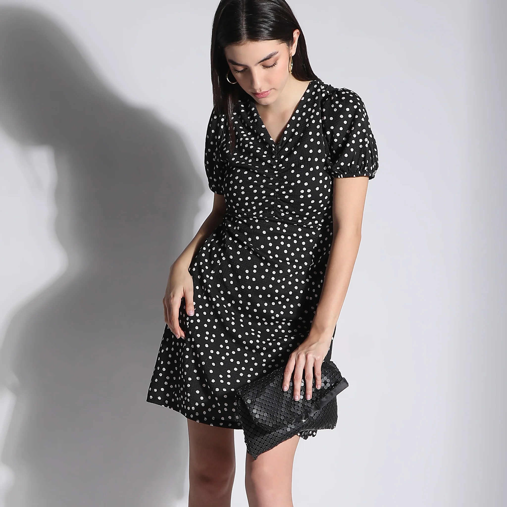Flare Fit Printed Above Knee V-Neck Flared Short Sleeve Dress