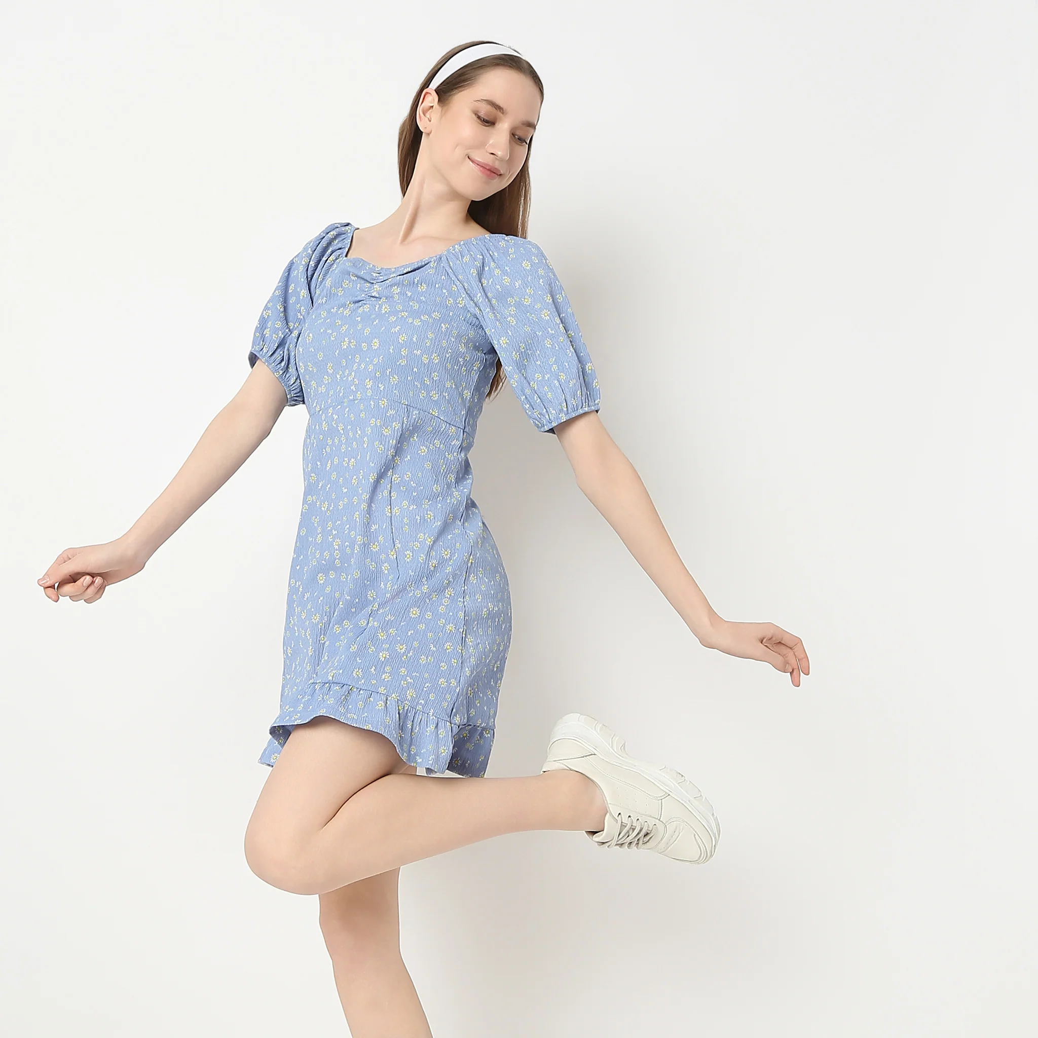 Flare Fit Printed Above Knee Sweet Heart Neck Betty Dress