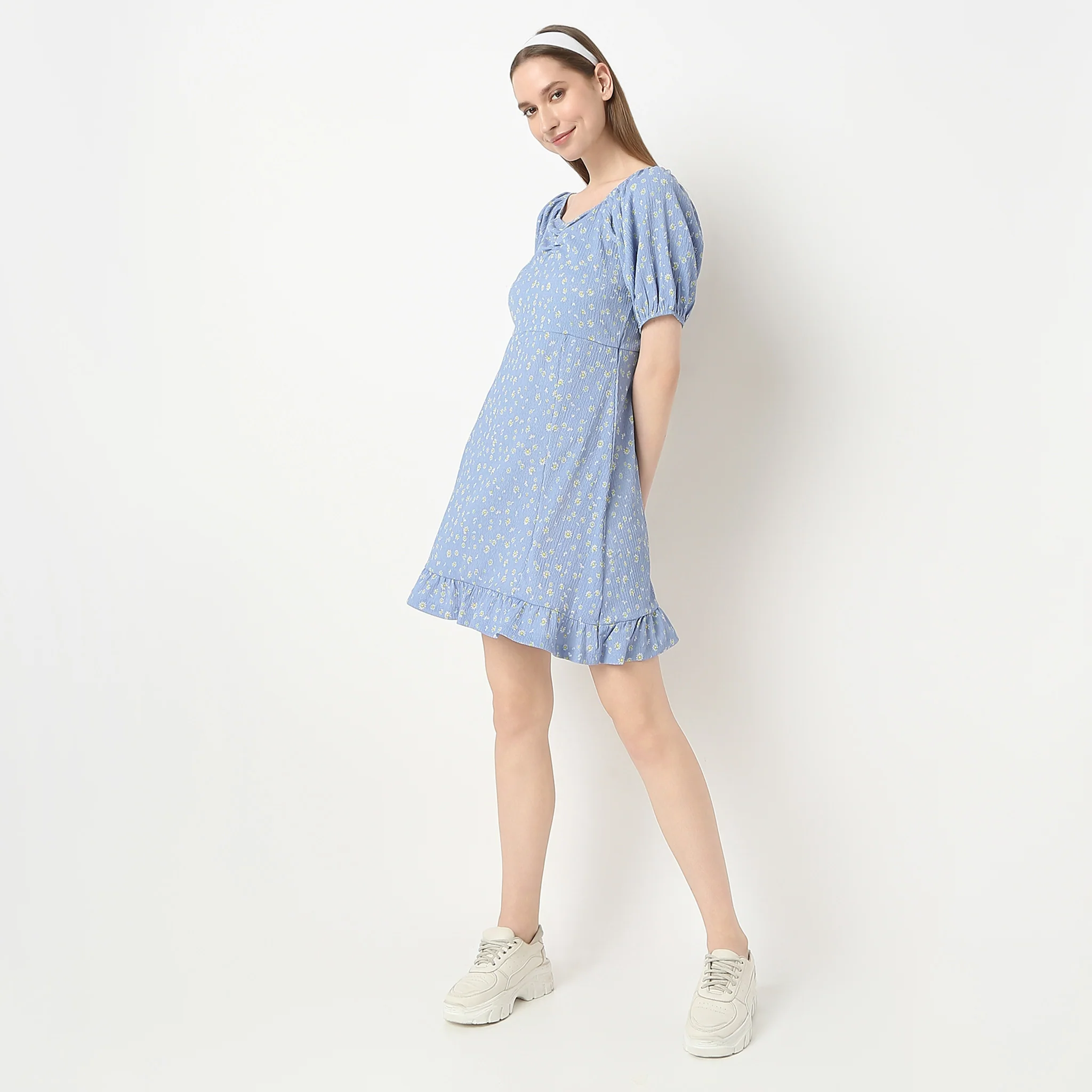Flare Fit Printed Above Knee Sweet Heart Neck Betty Dress - Image 2