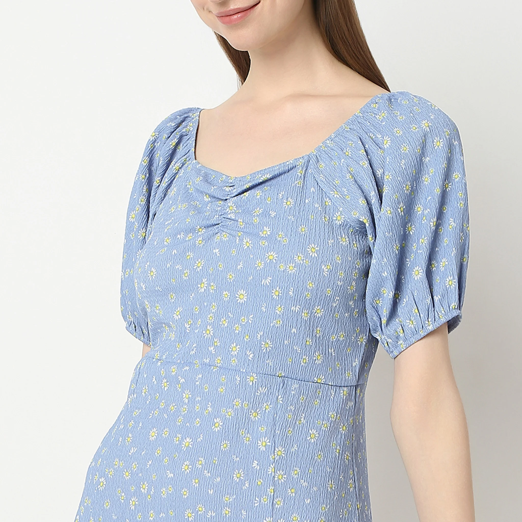 Flare Fit Printed Above Knee Sweet Heart Neck Betty Dress - Image 4