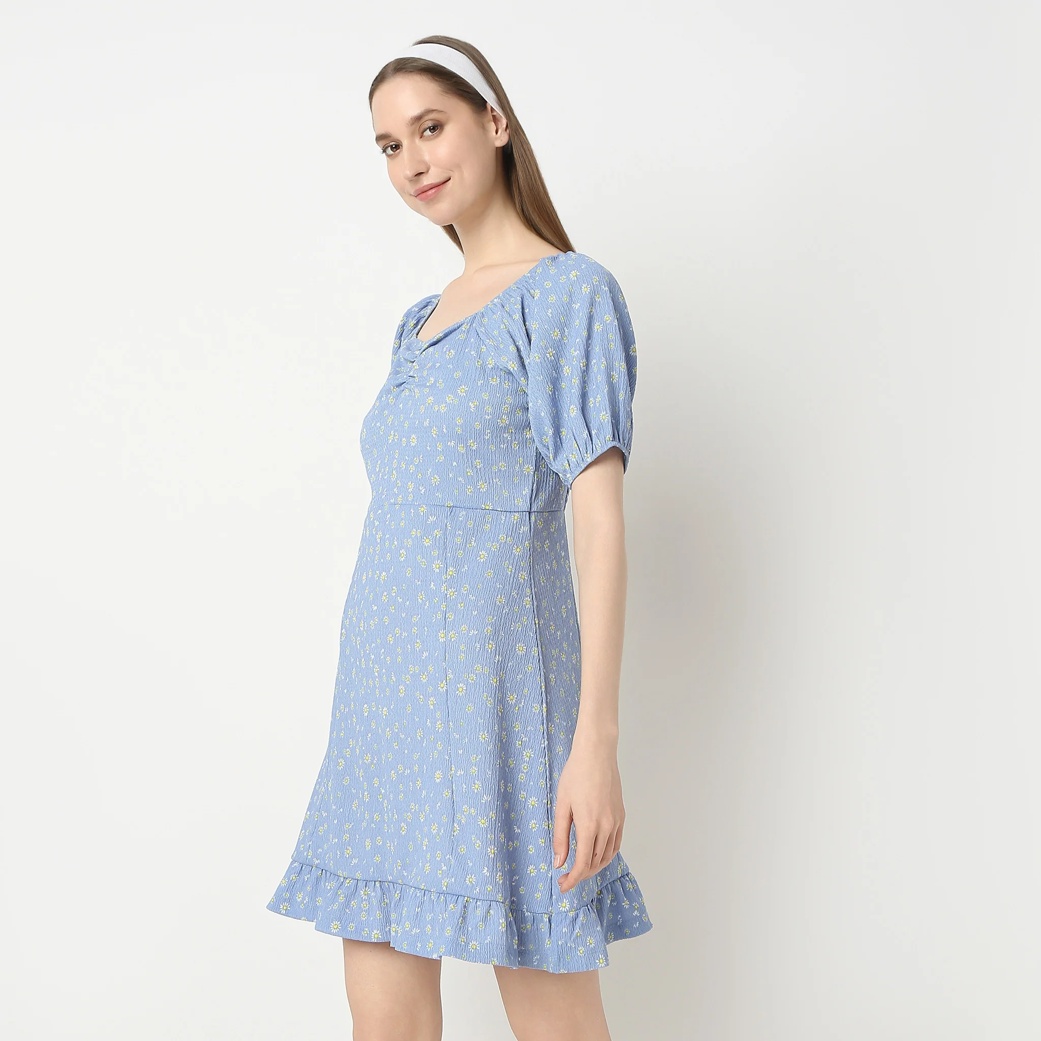 Flare Fit Printed Above Knee Sweet Heart Neck Betty Dress - Image 5