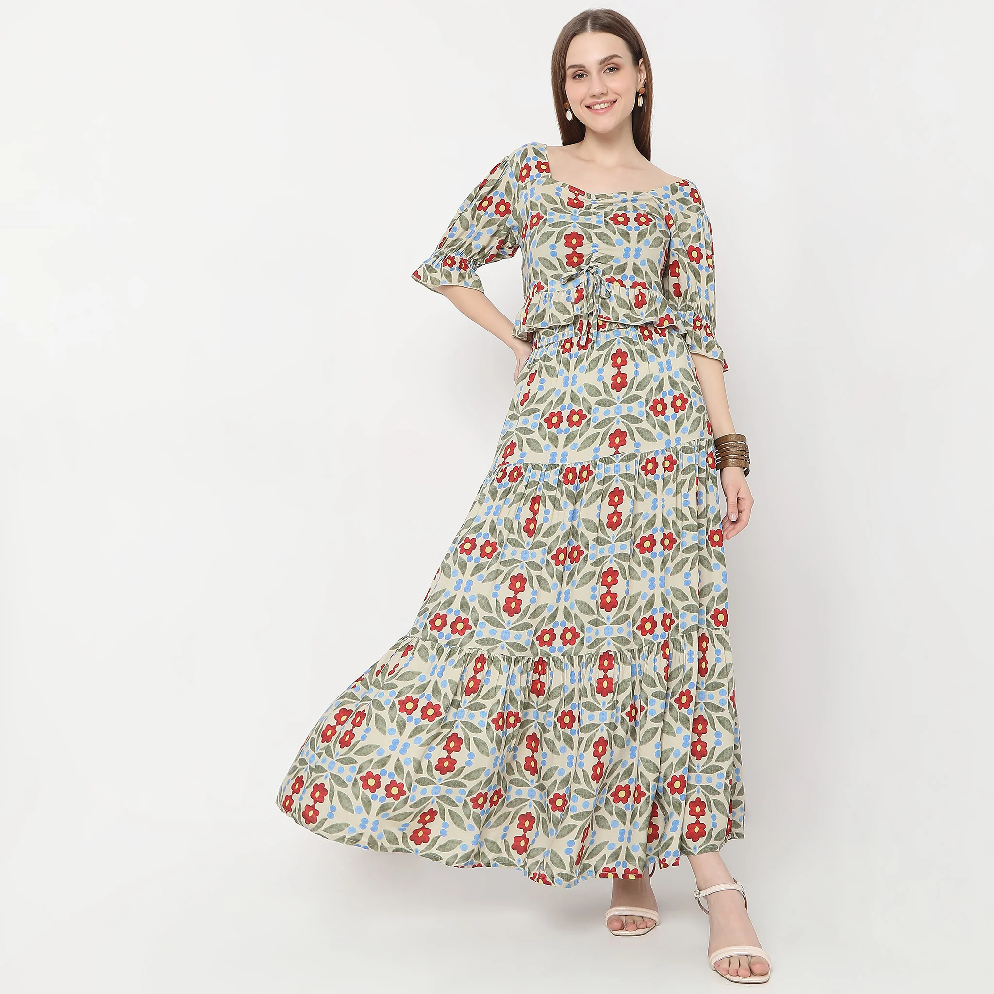 Flare Fit Printed Full Length A-Line Abstract High Rise Tiered Skirt